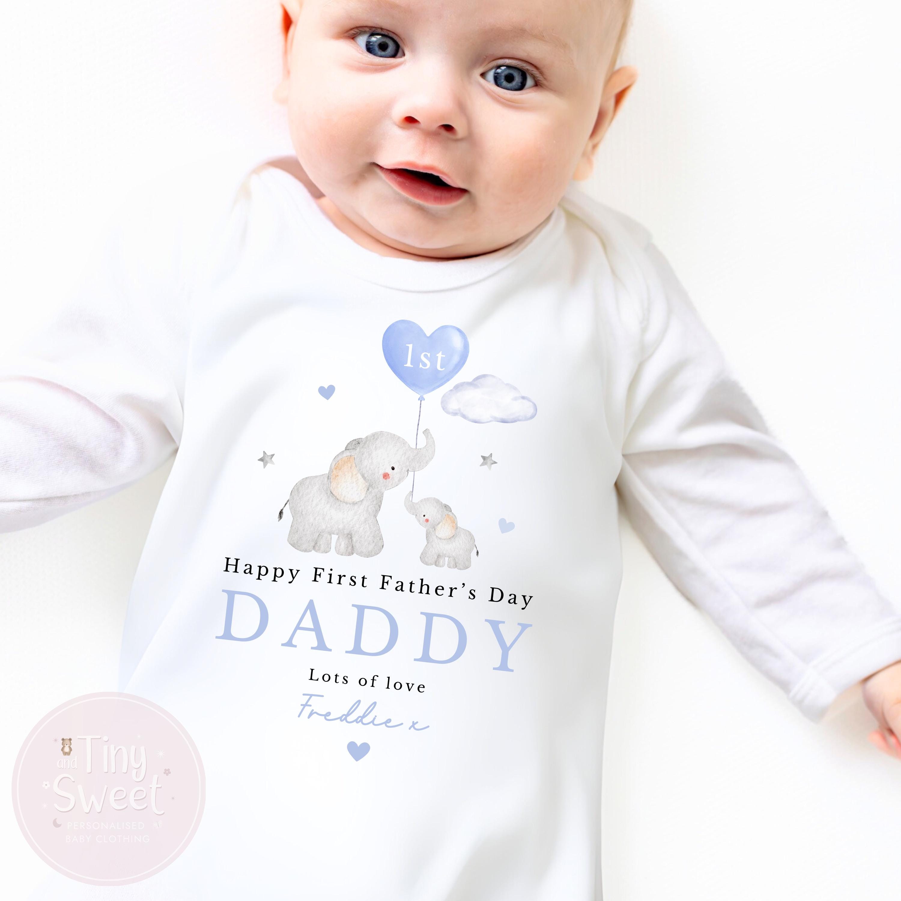 Blue Elephants Personalised First Fathers Day Sleepsuit