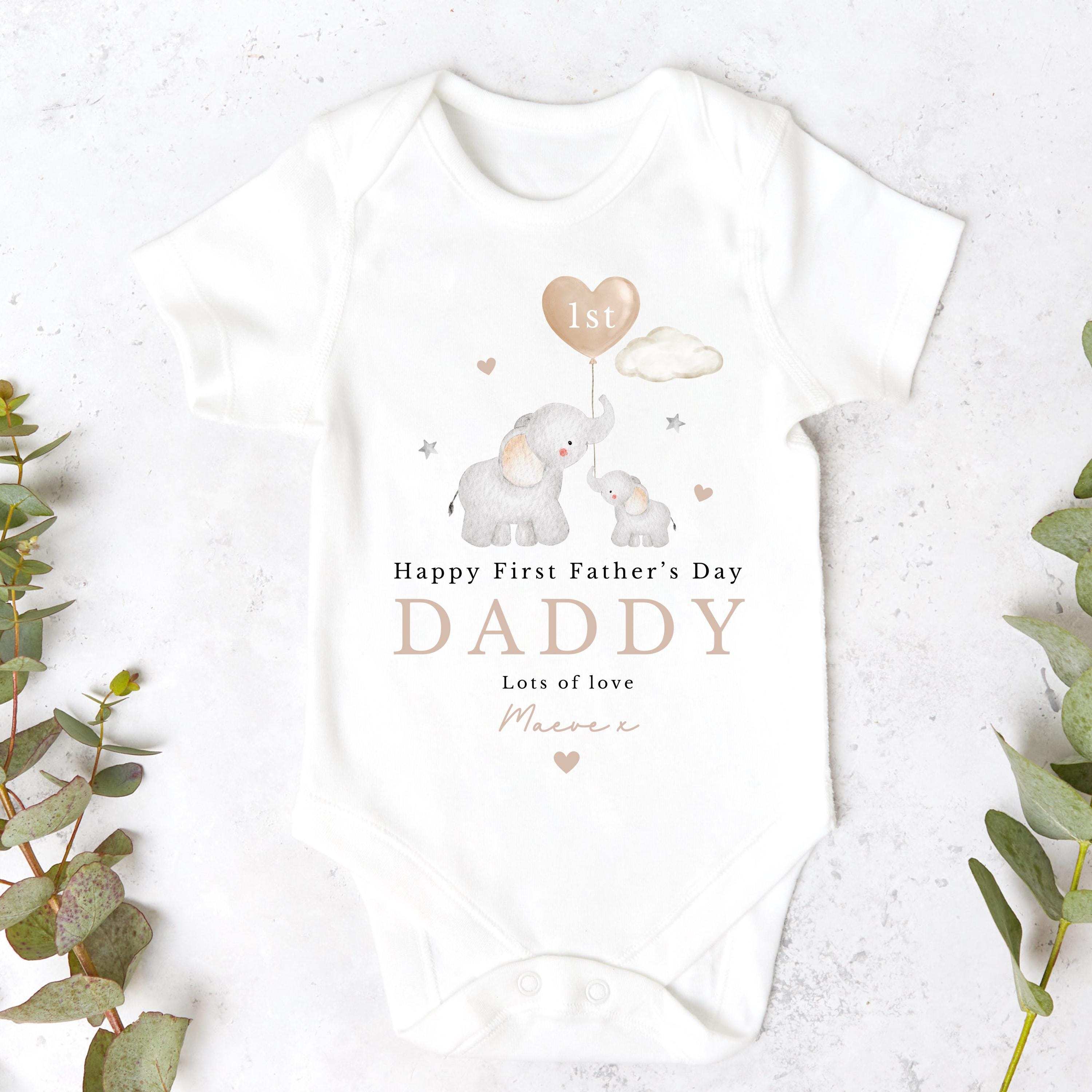 Beige Elephants Personalised First Fathers Day Sleepsuit