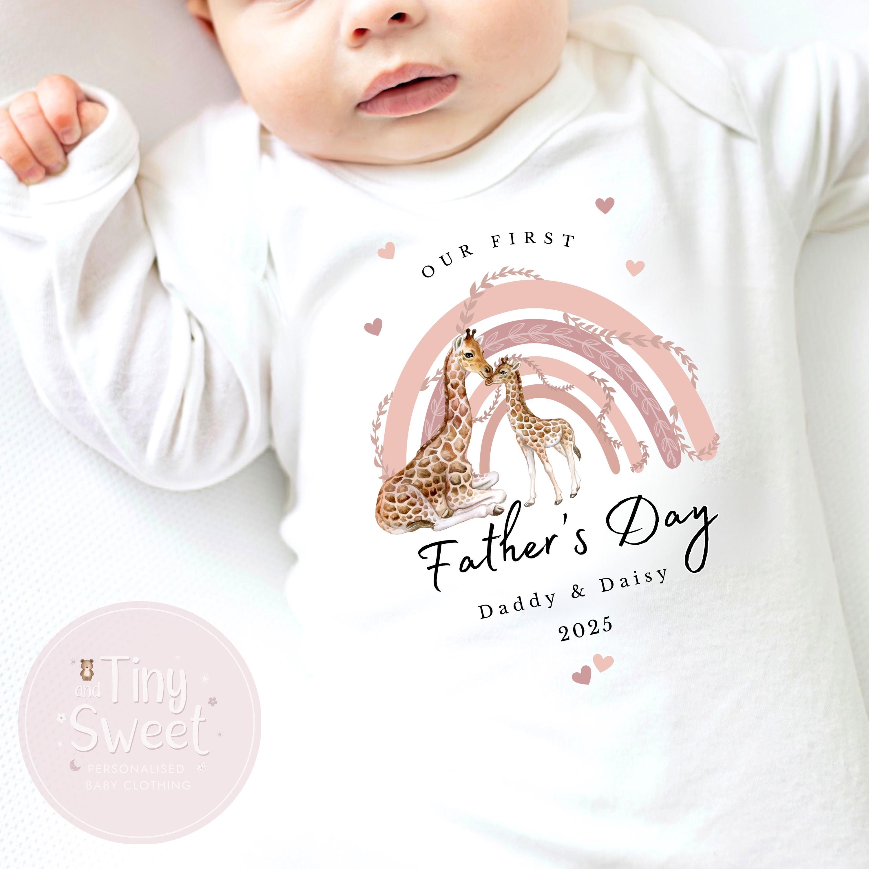 Fathers Day Blush Giraffe Rainbow Personalised Sleepsuit/Babygrow