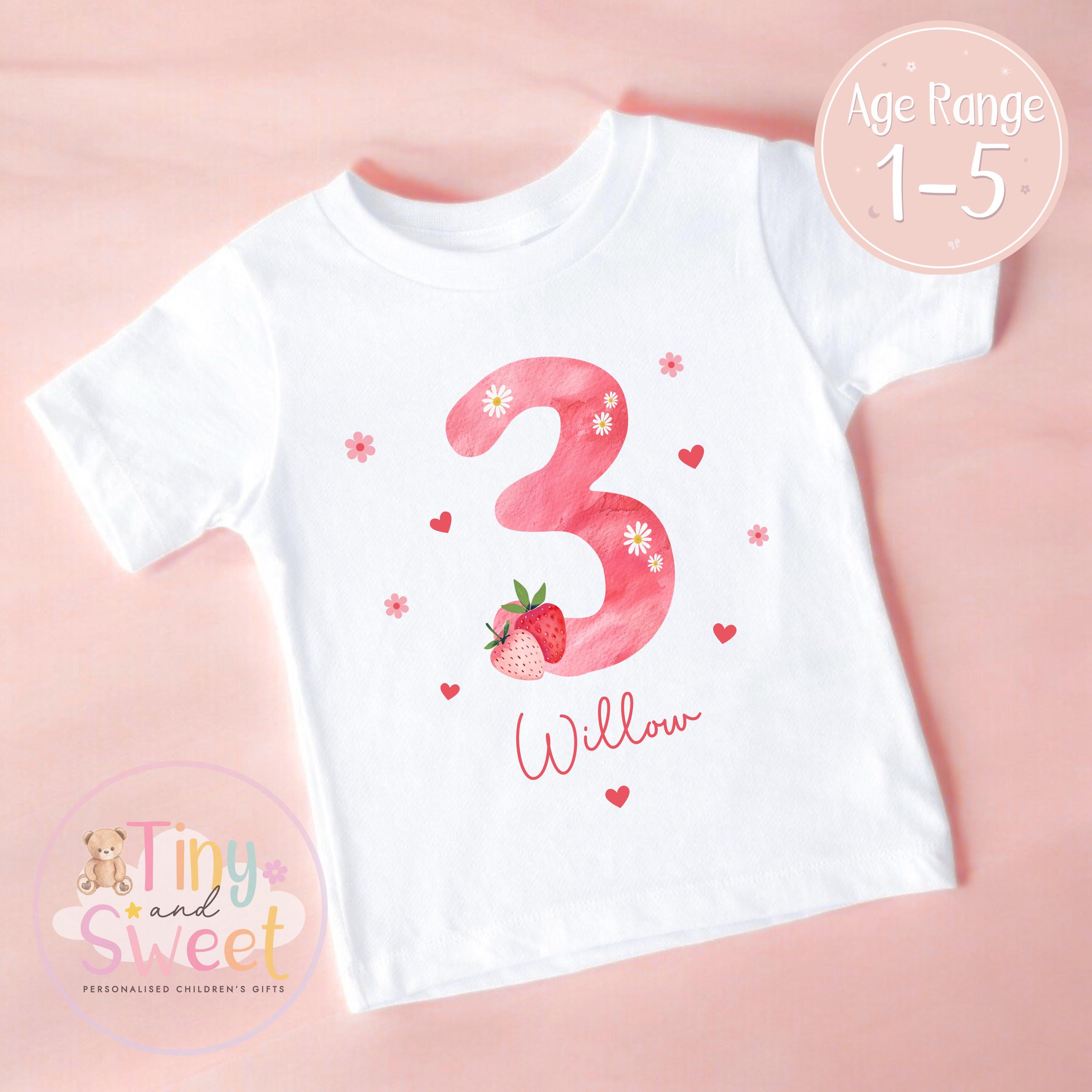 Personalised Strawberry Birthday T-shirt, 1st Birthday T Shirt, Strawberry 2nd Birthday T Shirt, 3rd Birthday, First Birthday