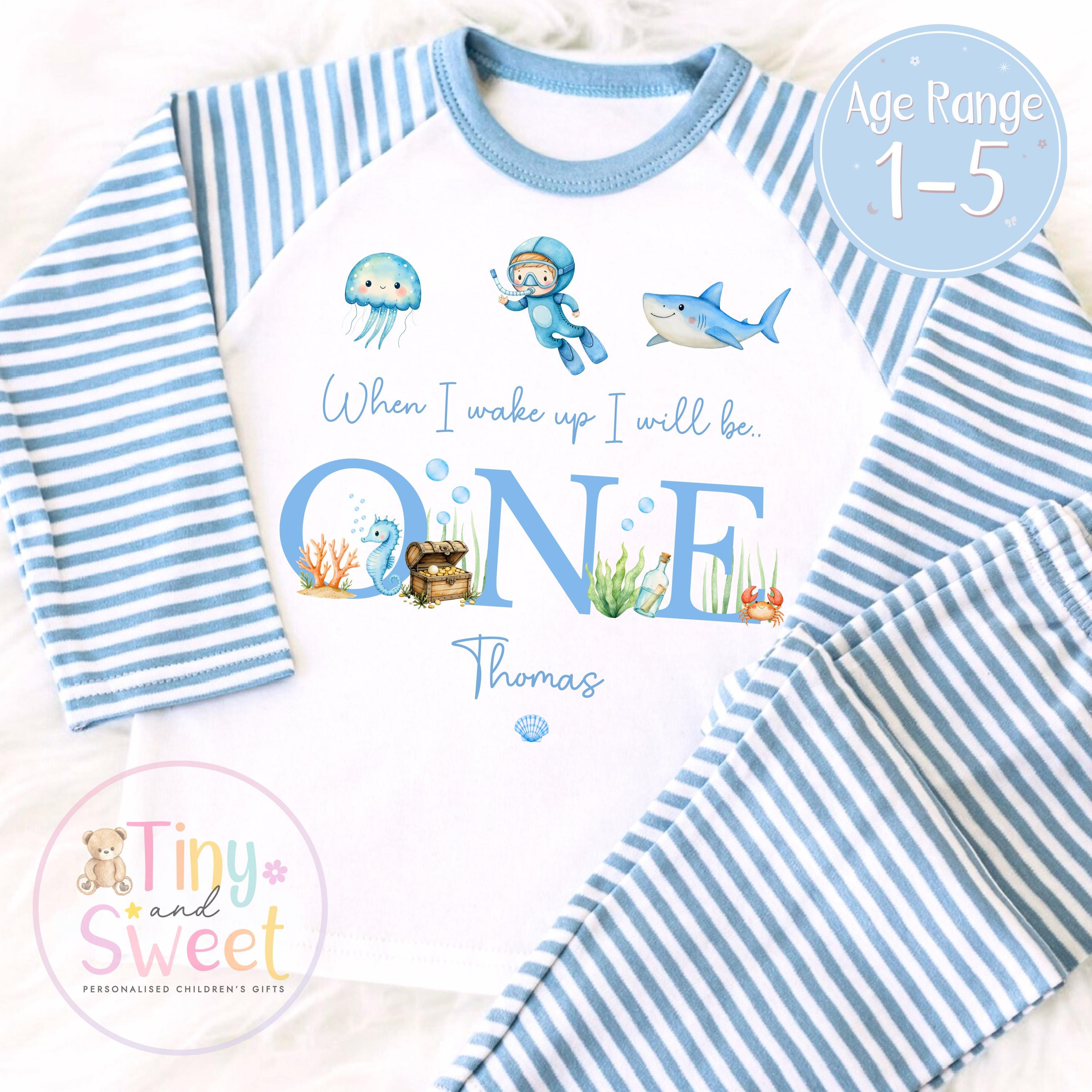 Personalised Under the Sea Birthday Pyjamas for Toddler Boys - Custom Age 1, 2, 3 Sleepwear