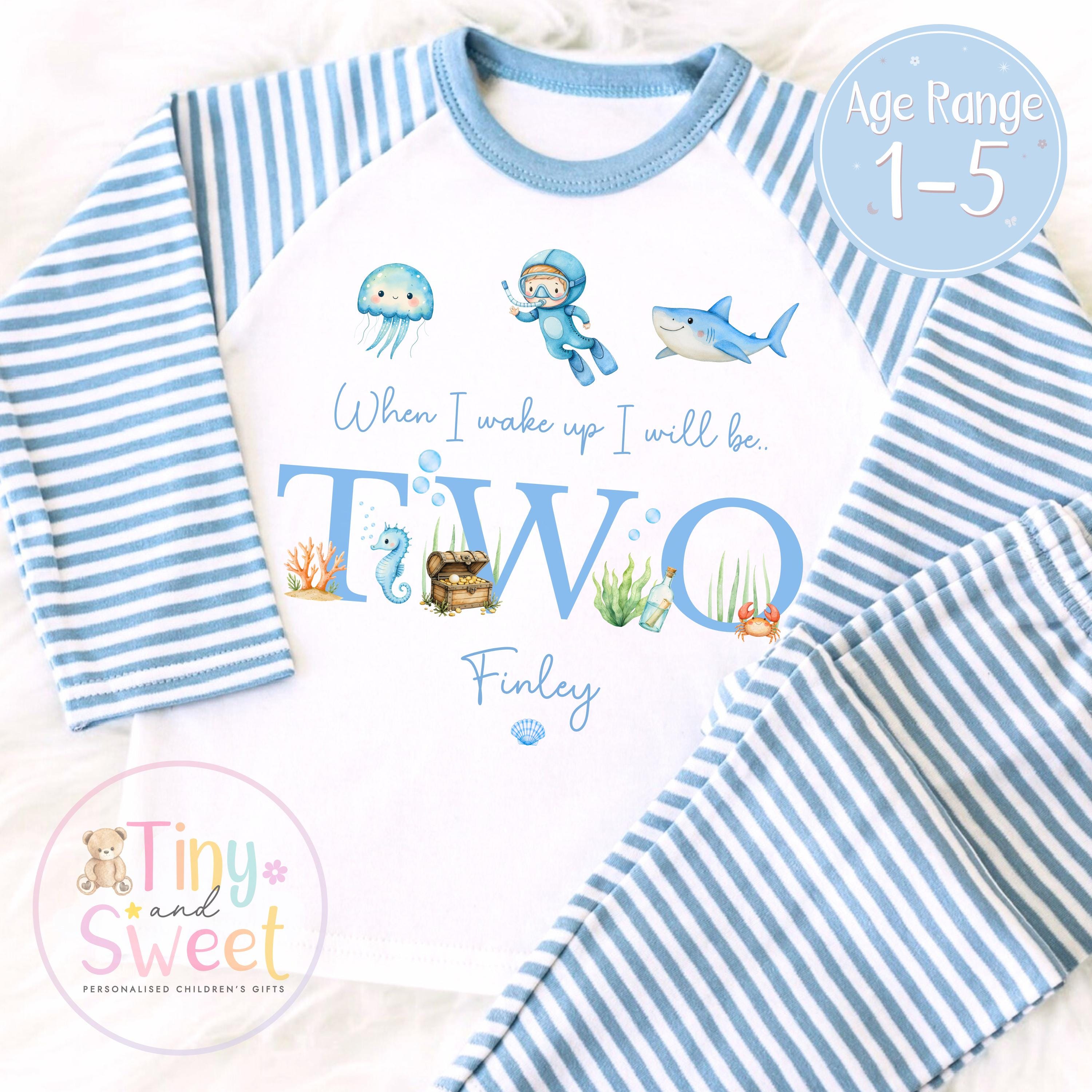 Personalised Under the Sea Birthday Pyjamas for Toddler Boys - Custom Age 1, 2, 3 Sleepwear
