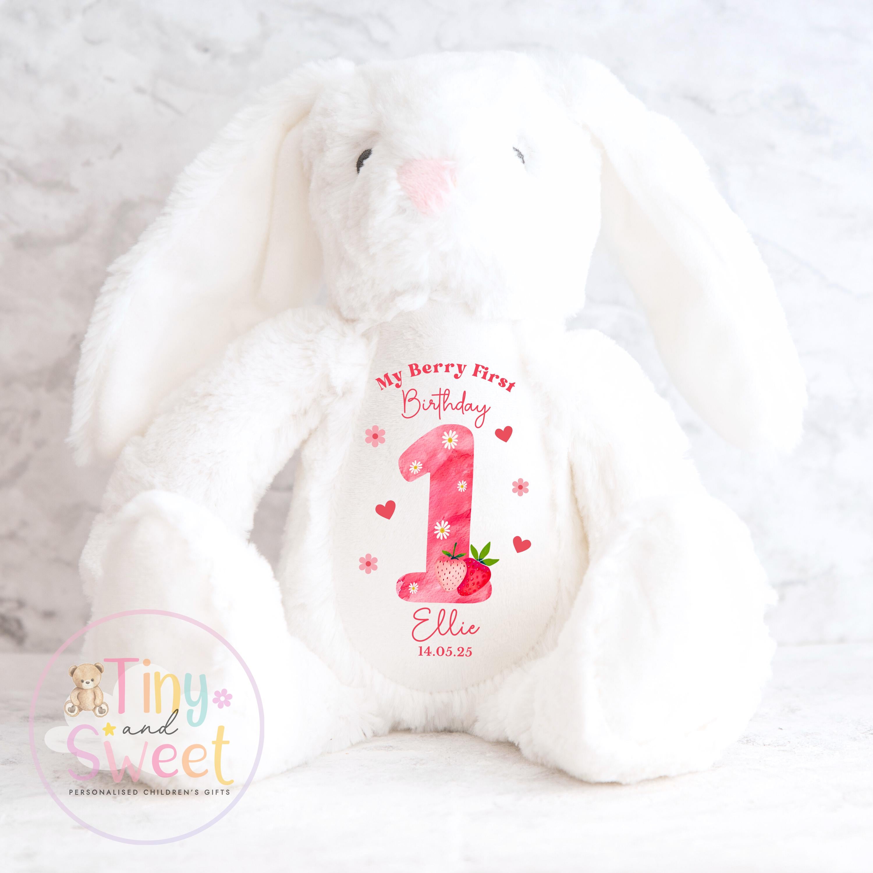 Personalised Berry First Birthday Bunny, Strawberry First Birthday Bunny, Personalised Soft Toy, Berry 1st, First Birthday Gift for Baby