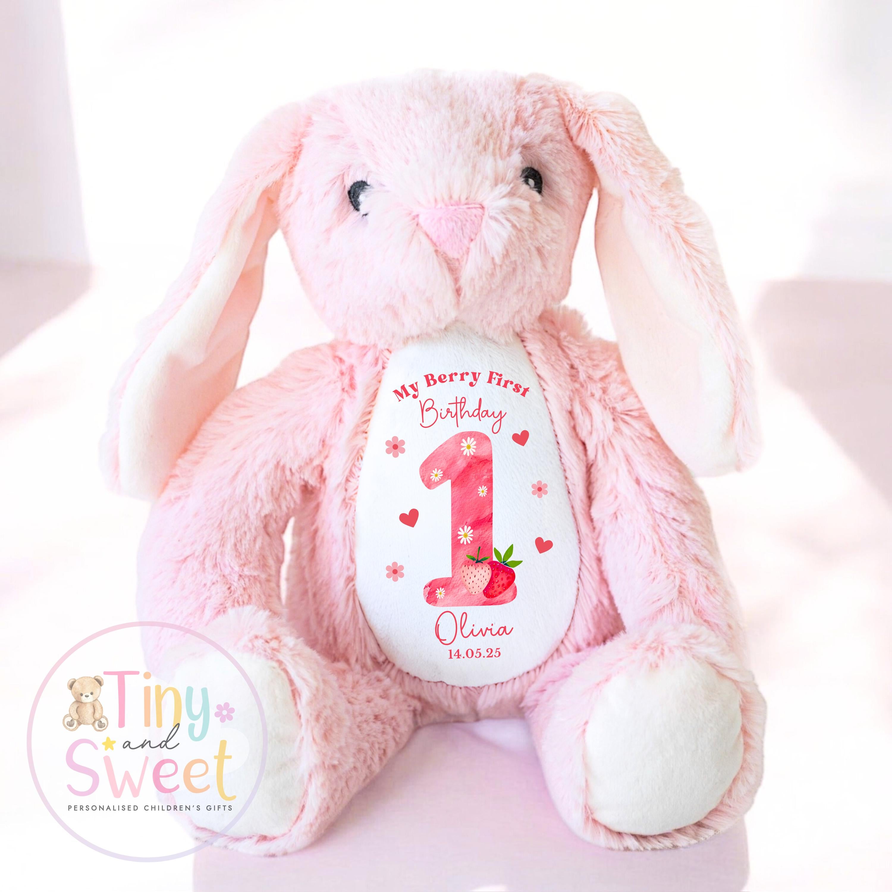 Personalised Berry First Birthday Bunny, Strawberry First Birthday Bunny, Personalised Soft Toy, Berry 1st, First Birthday Gift for Baby