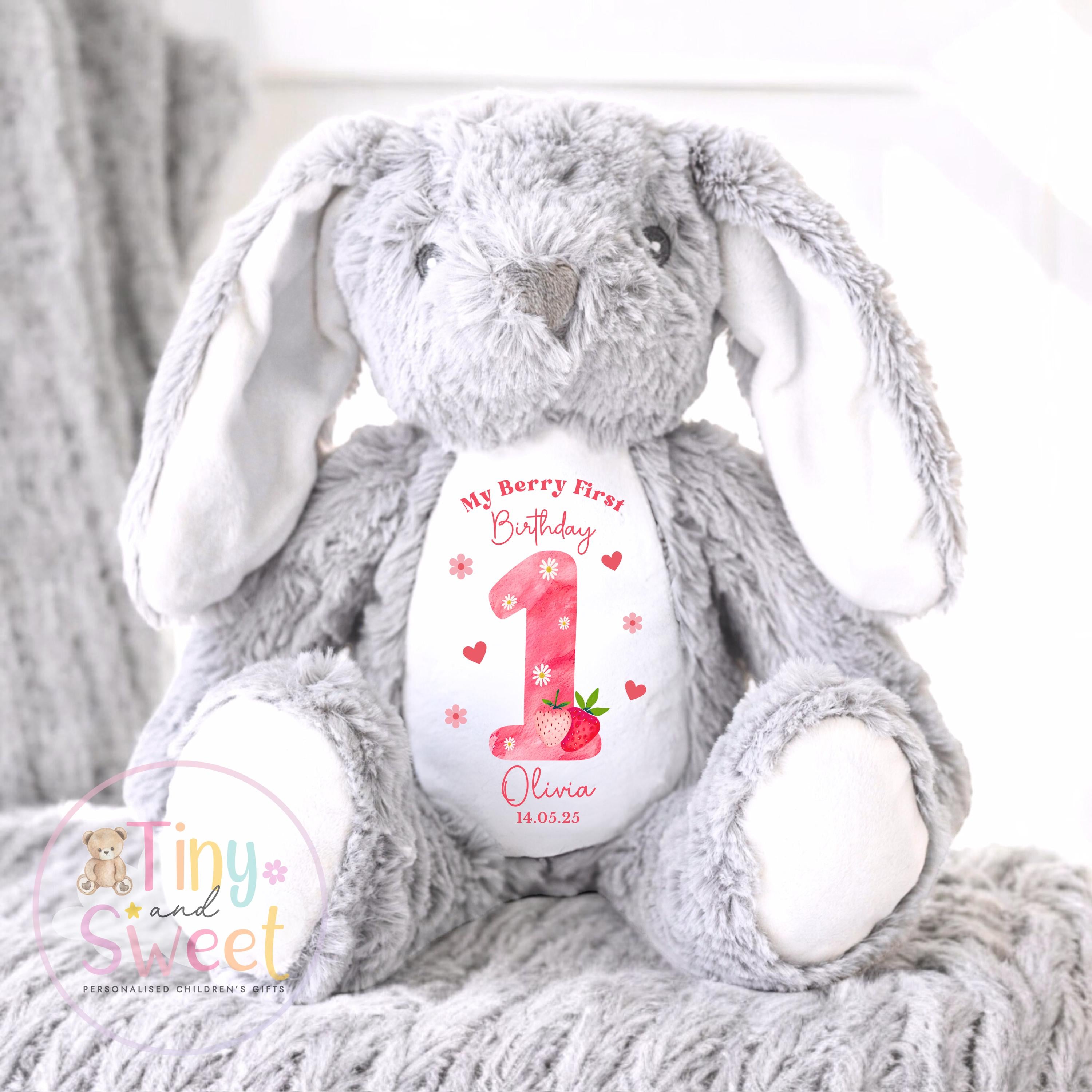 Personalised Berry First Birthday Bunny, Strawberry First Birthday Bunny, Personalised Soft Toy, Berry 1st, First Birthday Gift for Baby