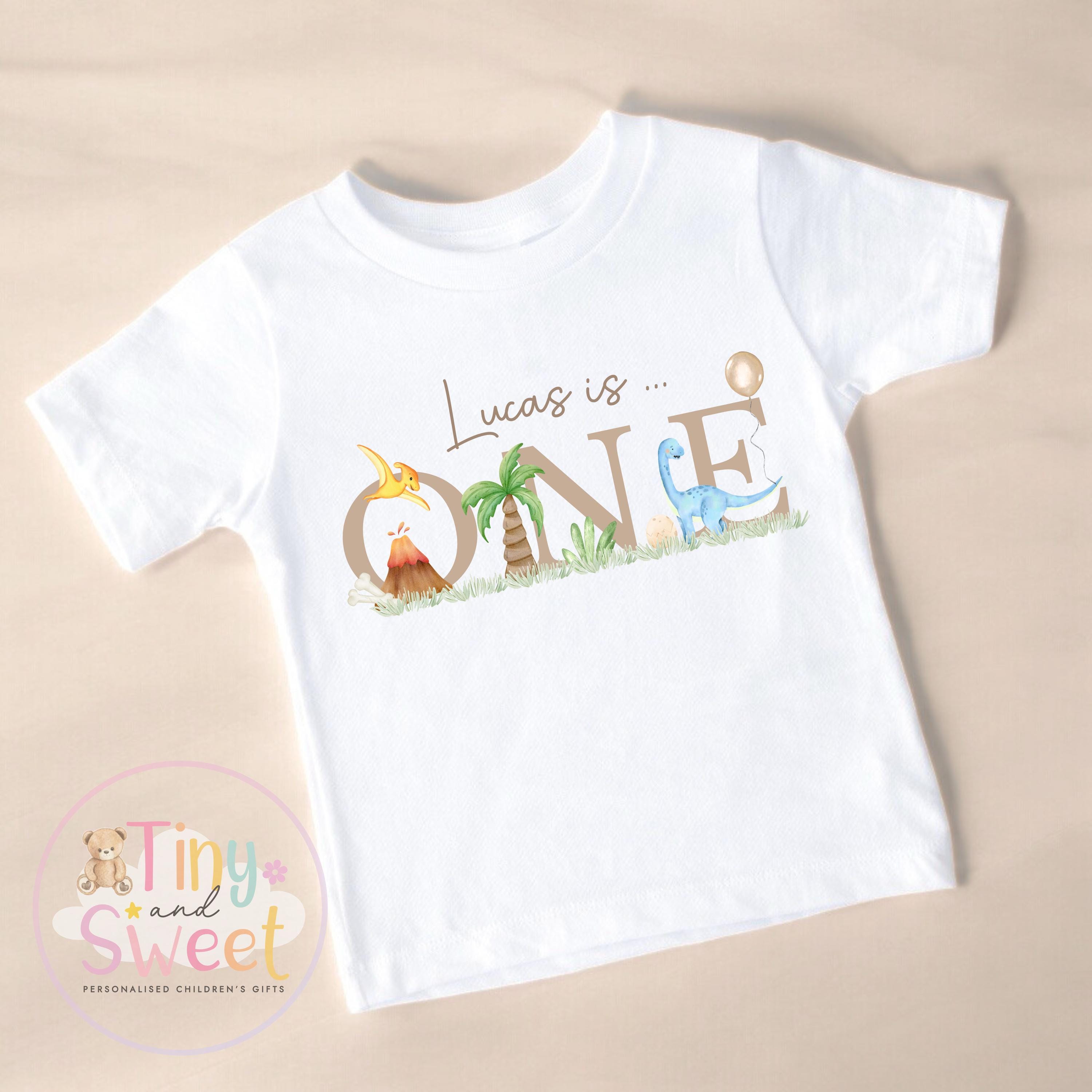 Personalised Dinosaur Beige Birthday T-shirt, 1st Birthday T Shirt, Dinosaur 2nd Birthday T Shirt, 3rd Birthday, Dinosaur Birthday