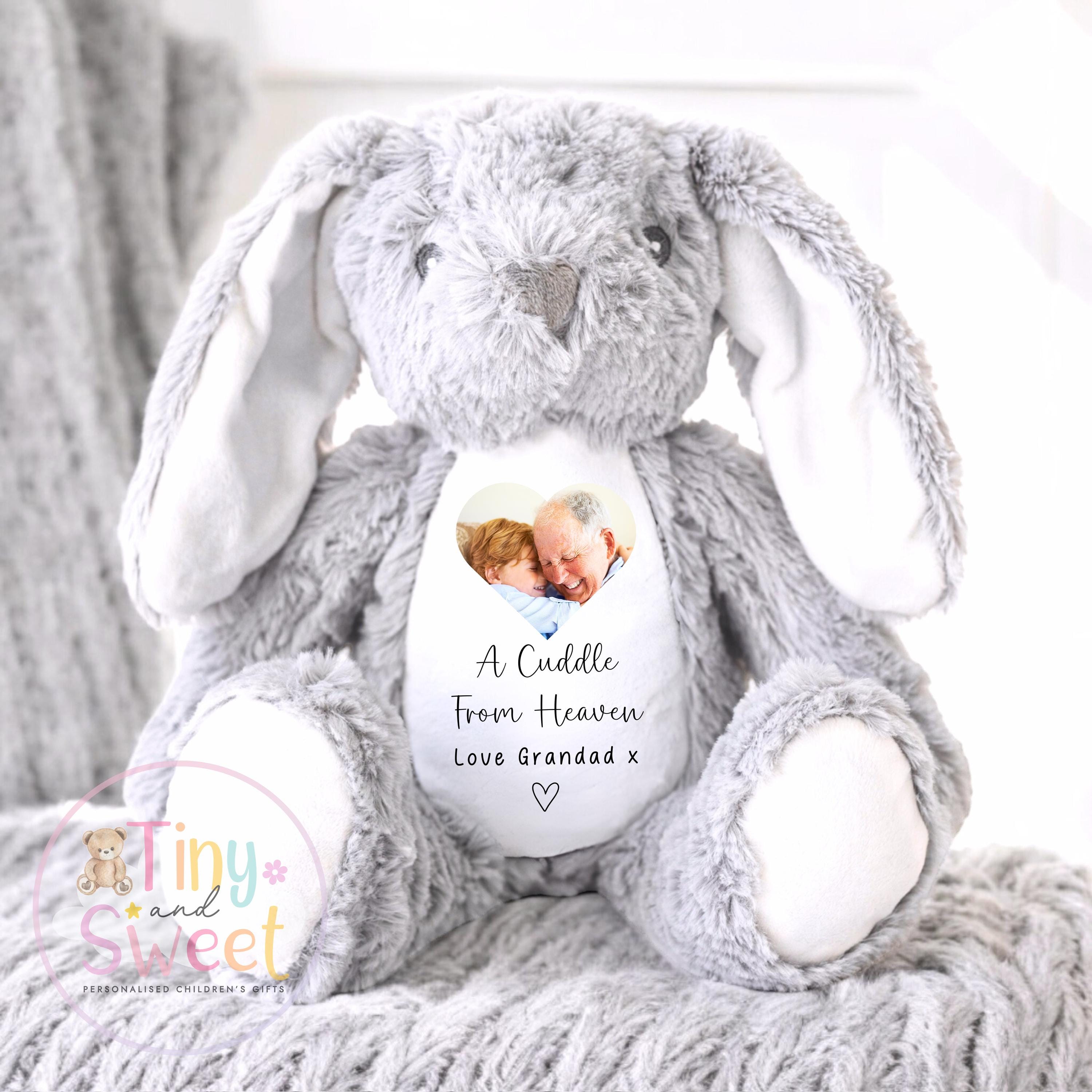 A Cuddle from Heaven , Memory Bunny Photo Keepsake, Remembrance Gift, Personalised Photo Soft Toy Keepsake