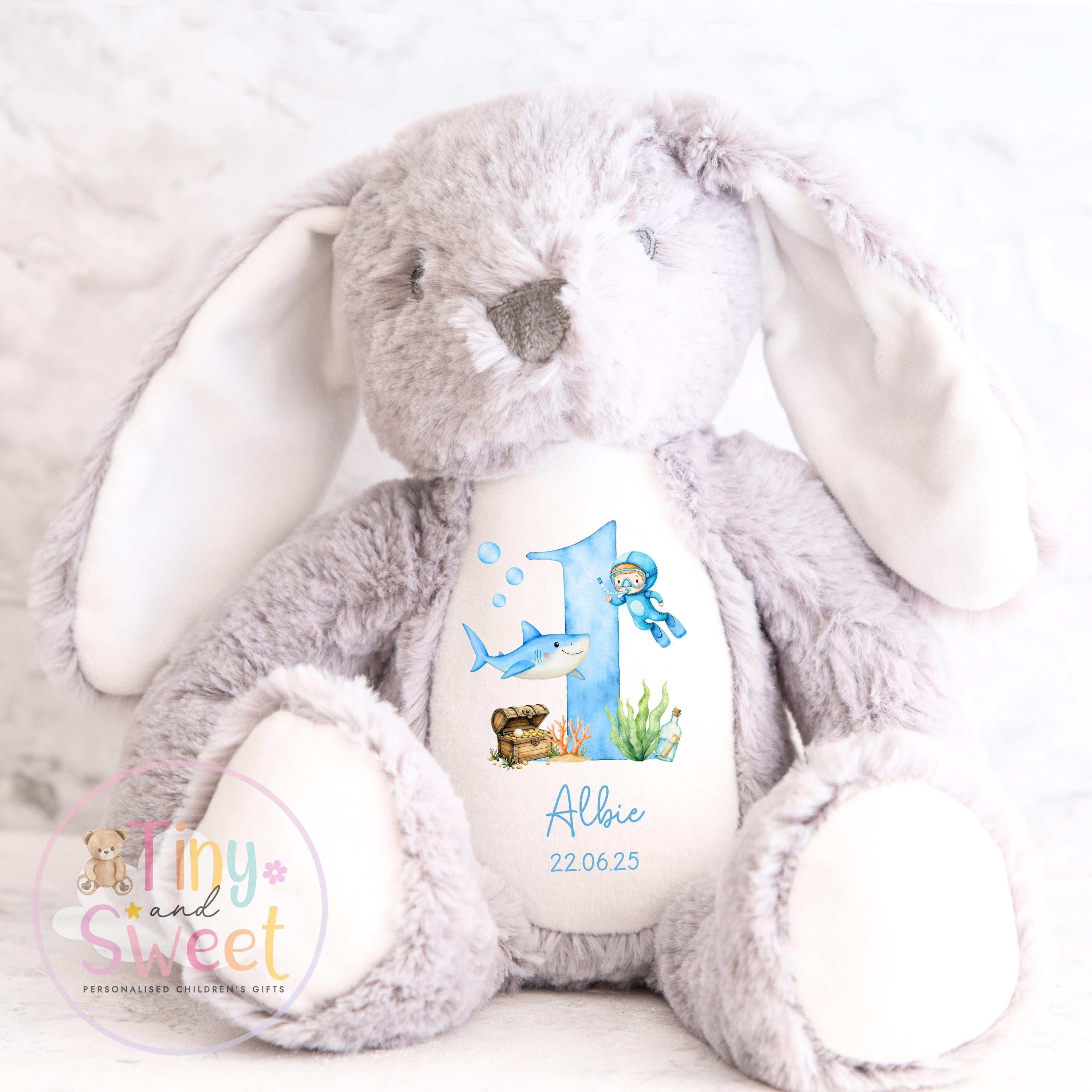 Personalised Birthday Bunny, 1st Birthday Gift Under The sea, Boy Teddy, 2nd Baby Girl Birthday Present, Personalised 3rd Birthday Soft Toy