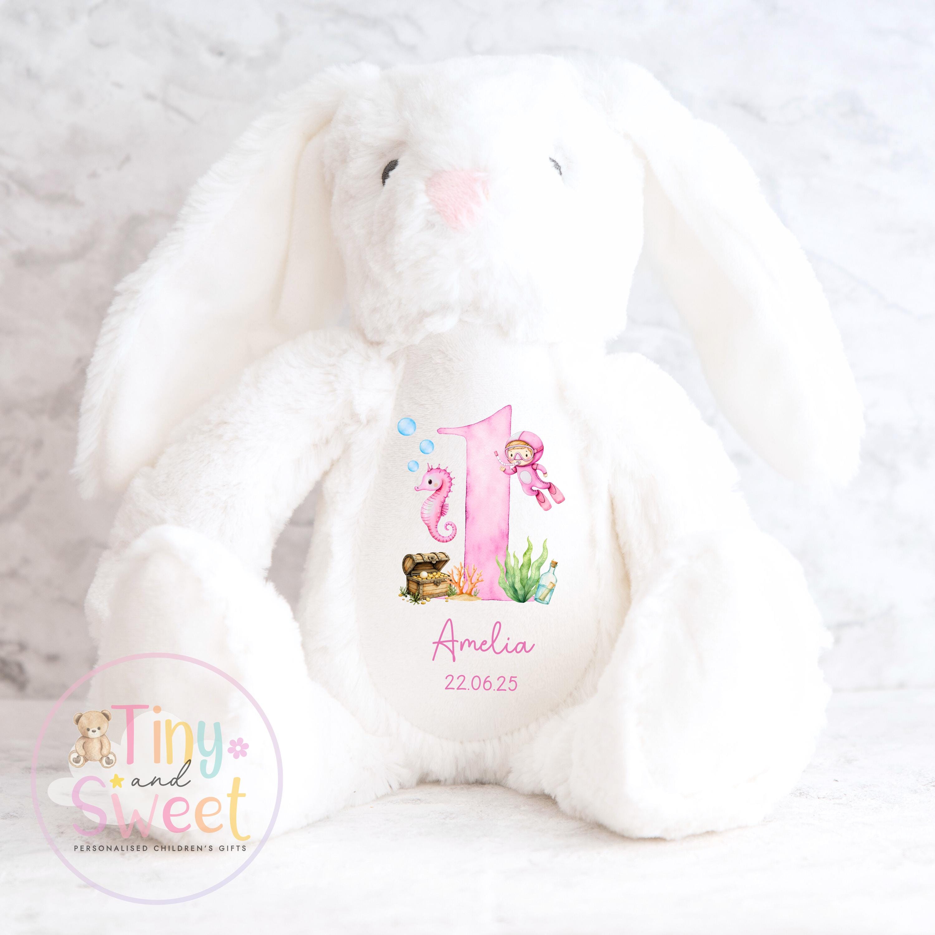 Personalised Birthday Bunny, 1st Birthday Gift Under The sea, Boy Teddy, 2nd Baby Girl Birthday Present, Personalised 3rd Birthday Soft Toy