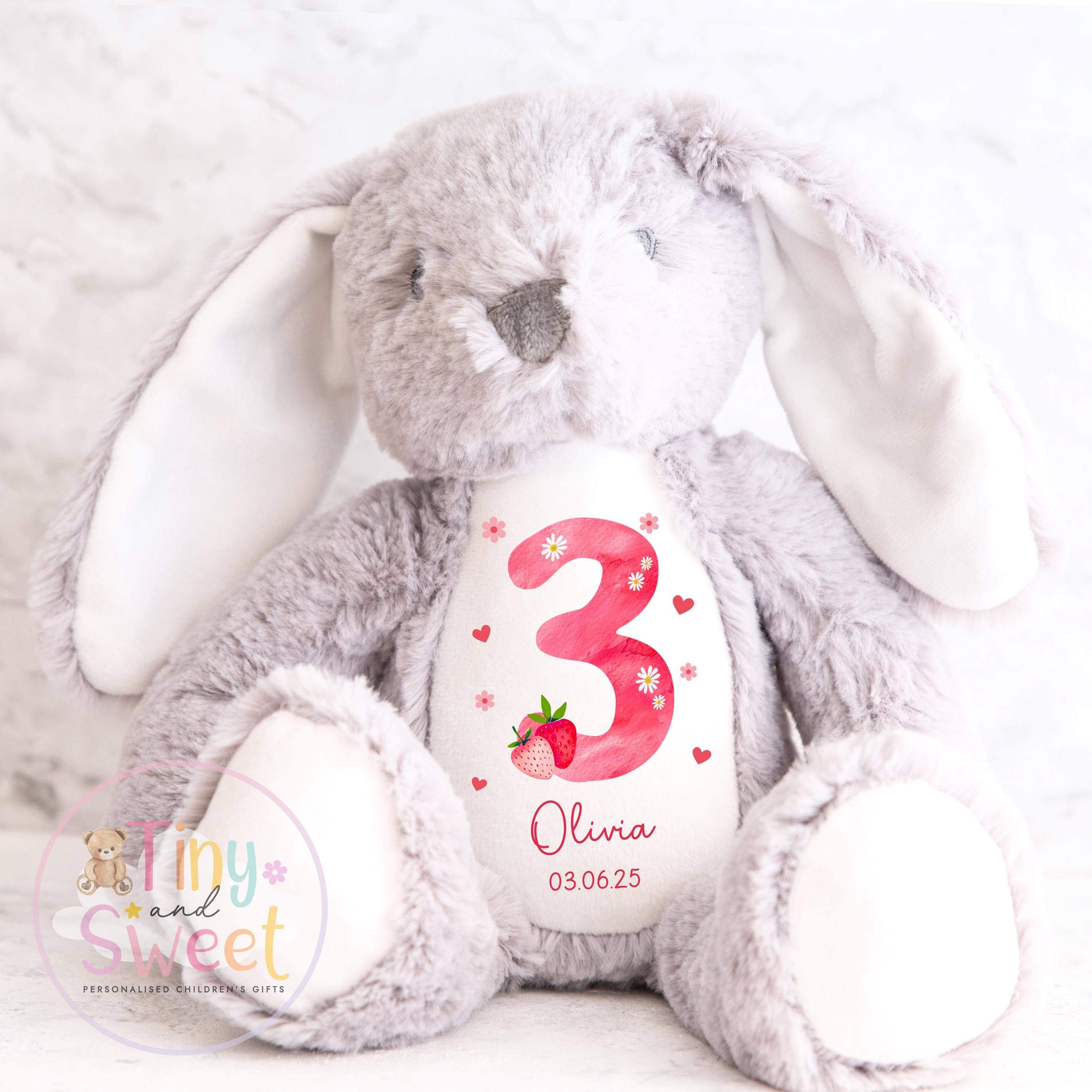 Personalised Birthday Bunny, 1st Birthday Gift Strawberry, Berry Teddy, 2nd Baby Girl Birthday Present, Personalised 3rd Birthday Soft Toy