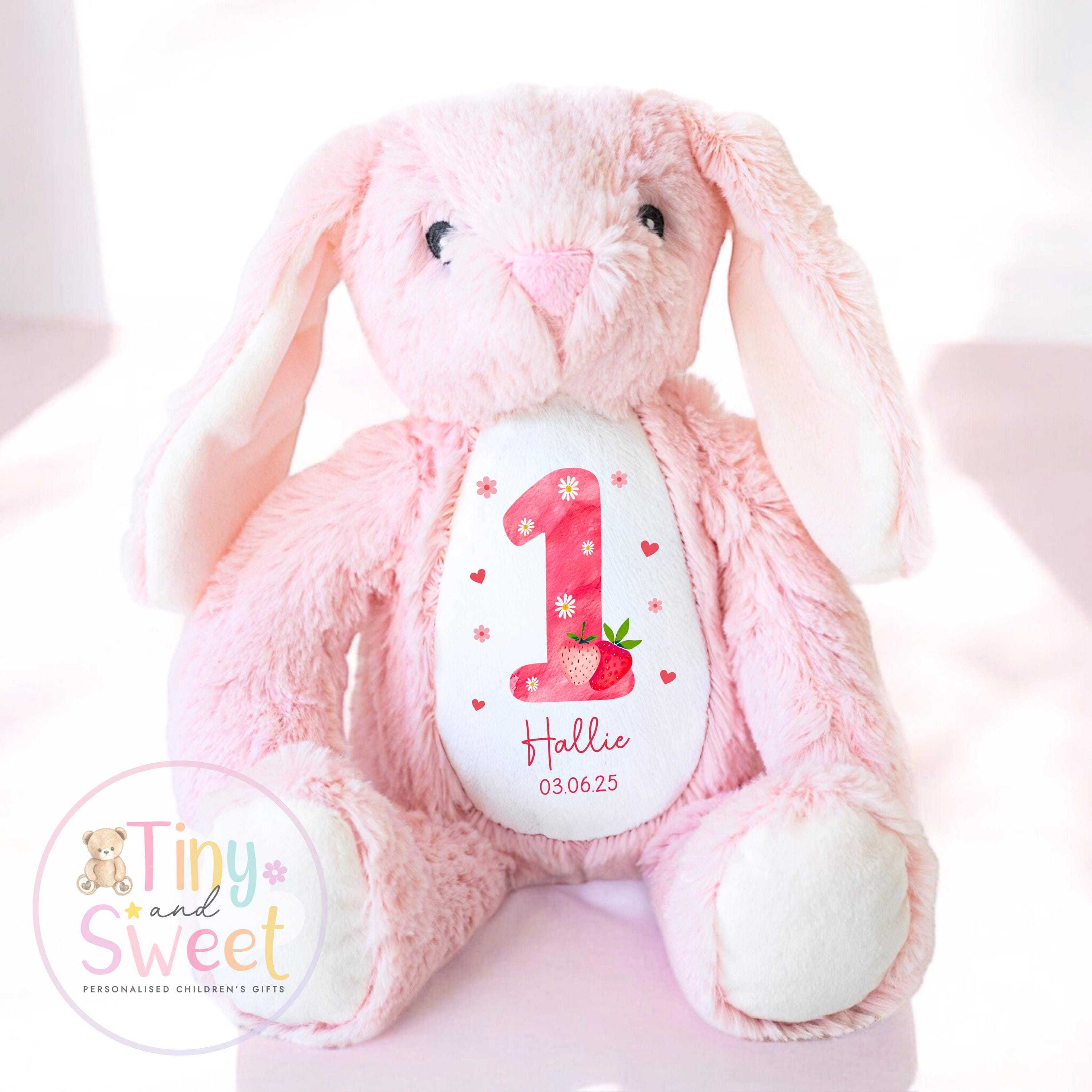 Personalised Birthday Bunny, 1st Birthday Gift Strawberry, Berry Teddy, 2nd Baby Girl Birthday Present, Personalised 3rd Birthday Soft Toy