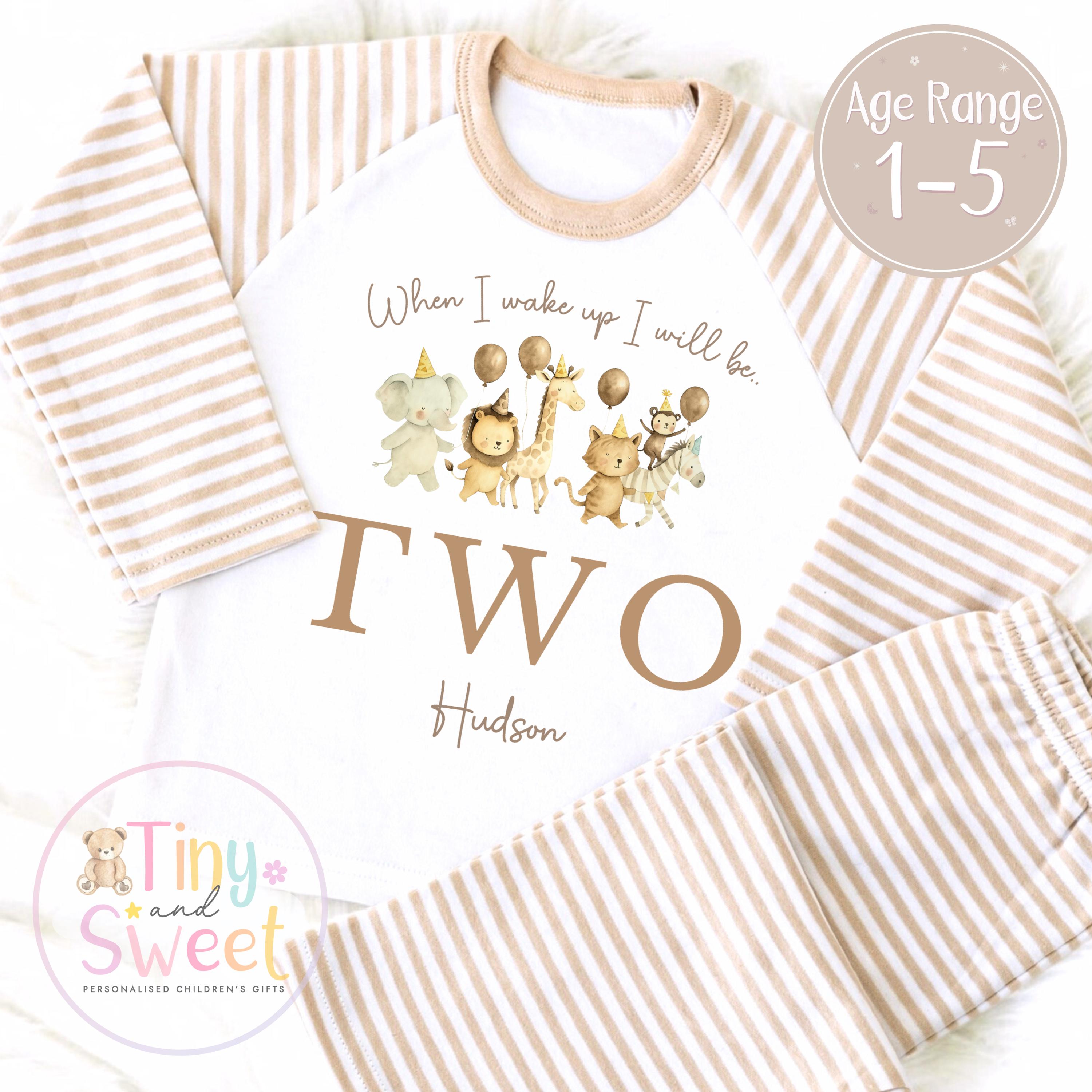 Safari Birthday Pyjamas – “When I Wake Up I’ll Be…” Personalised Kids Birthday PJs – Jungle Animal Sleepwear – 1st 2nd 3rd Birthday Outfit