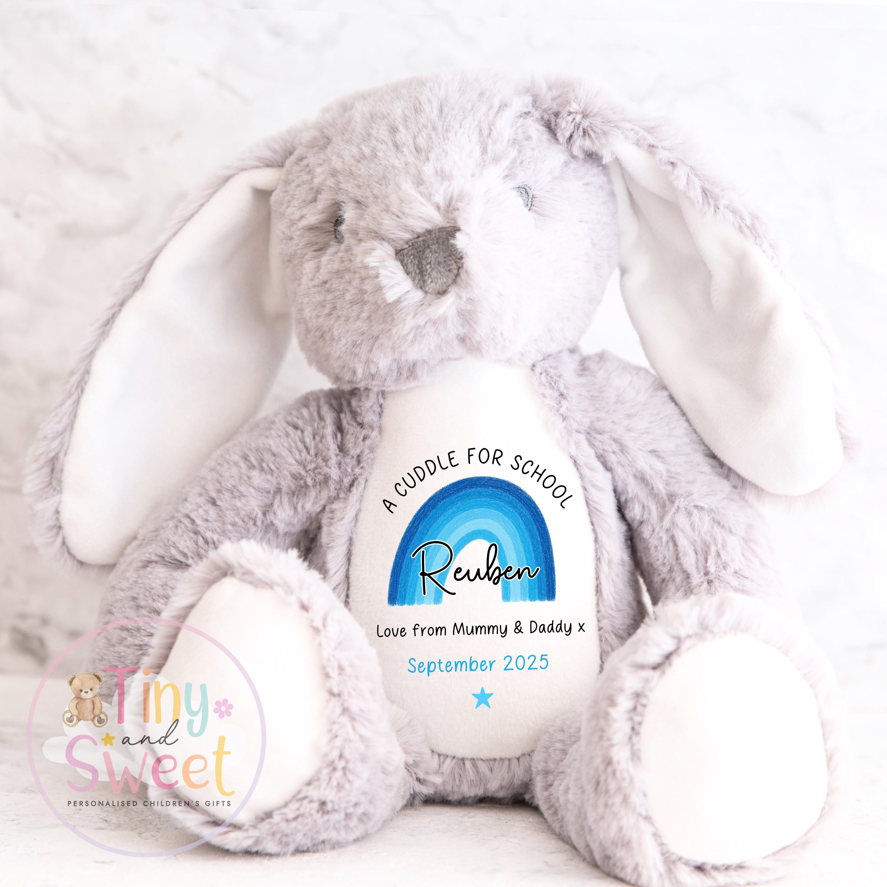 First Day of School Bunny – Custom Name Plush Toy – Cuddle Bunny Gift for Kids Starting Nursery or School - Cuddle Toy Gift with Name