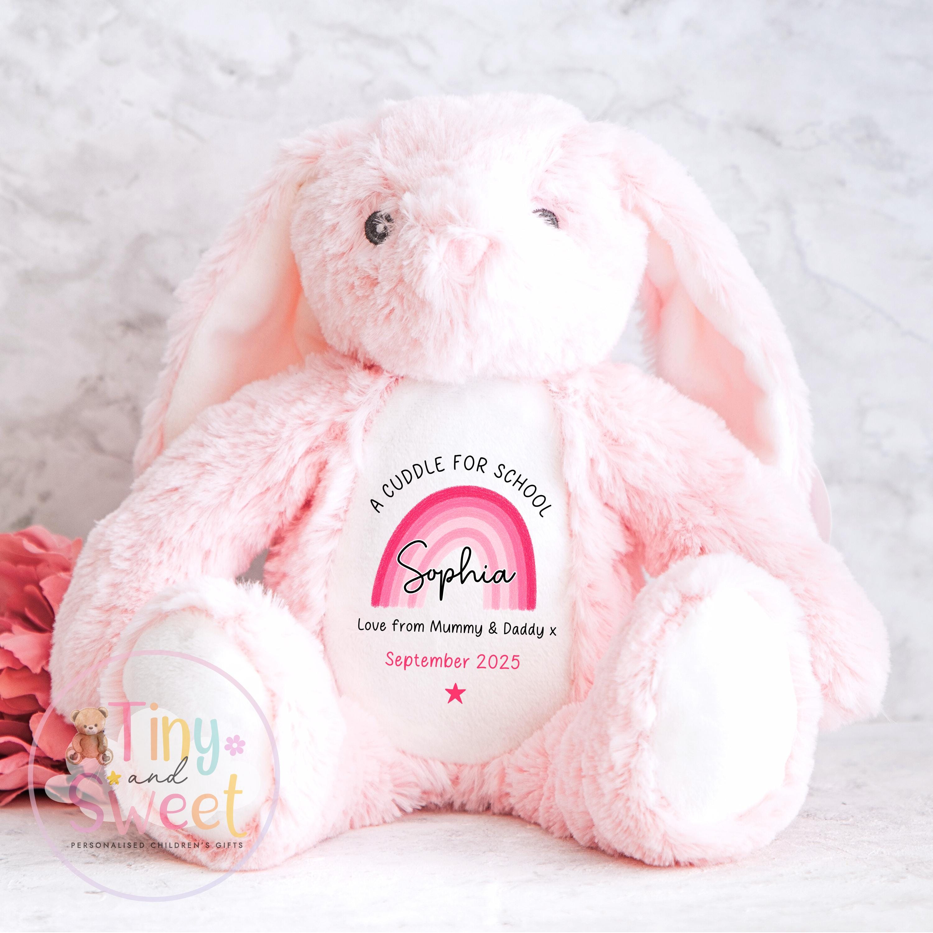 First Day of School Bunny – Custom Name Plush Toy – Cuddle Bunny Gift for Kids Starting Nursery or School - Cuddle Toy Gift with Name