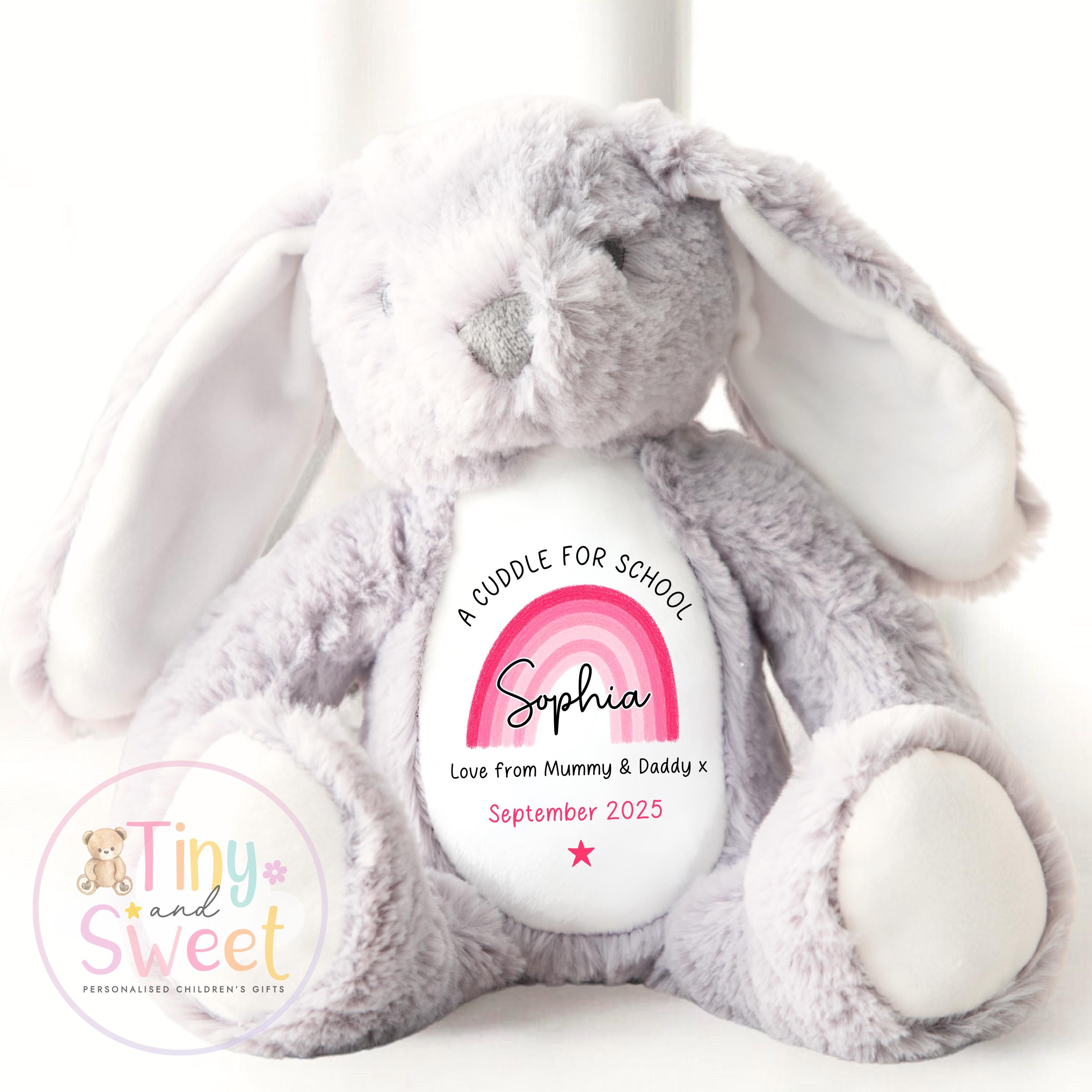 First Day of School Bunny – Custom Name Plush Toy – Cuddle Bunny Gift for Kids Starting Nursery or School - Cuddle Toy Gift with Name