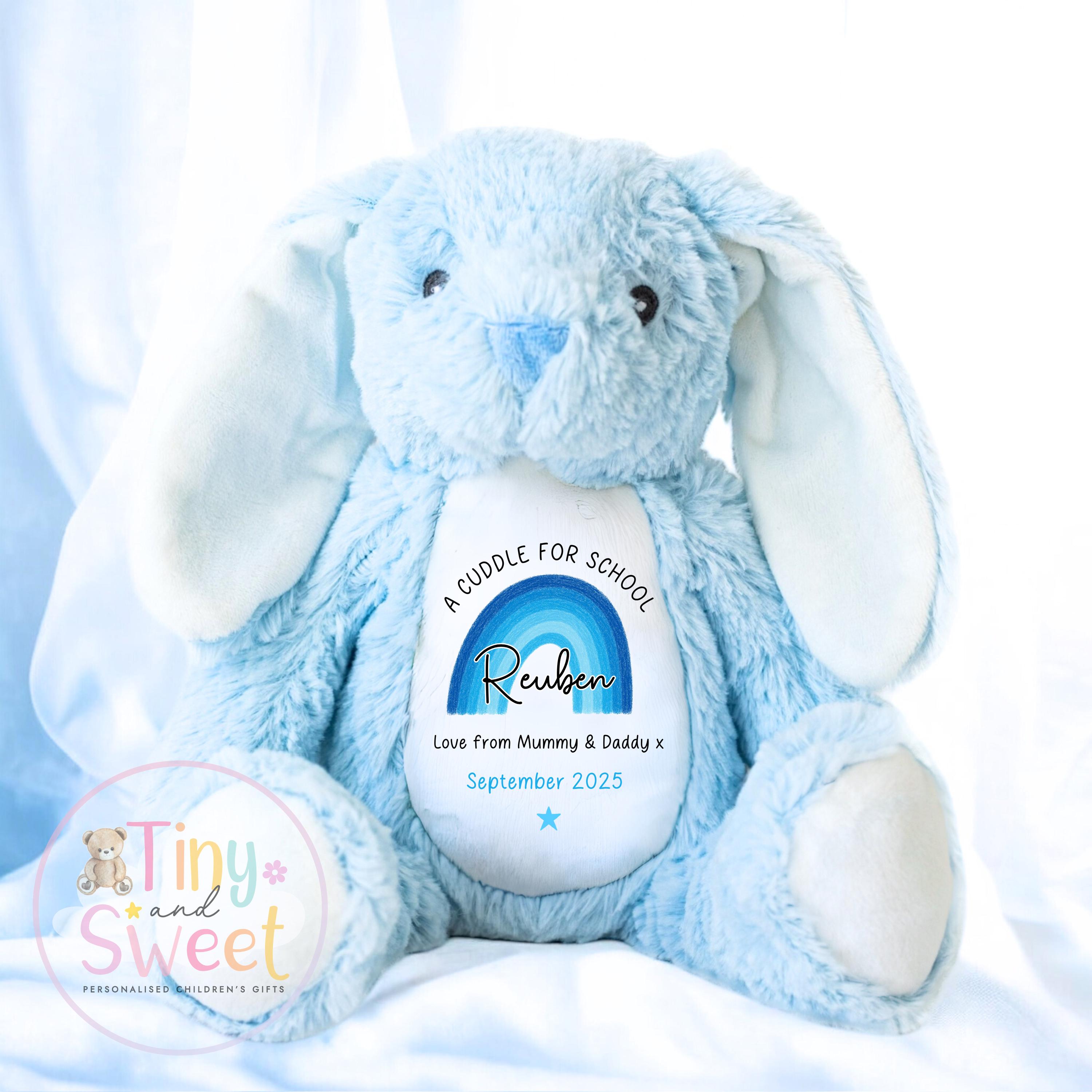 First Day of School Bunny – Custom Name Plush Toy – Cuddle Bunny Gift for Kids Starting Nursery or School - Cuddle Toy Gift with Name