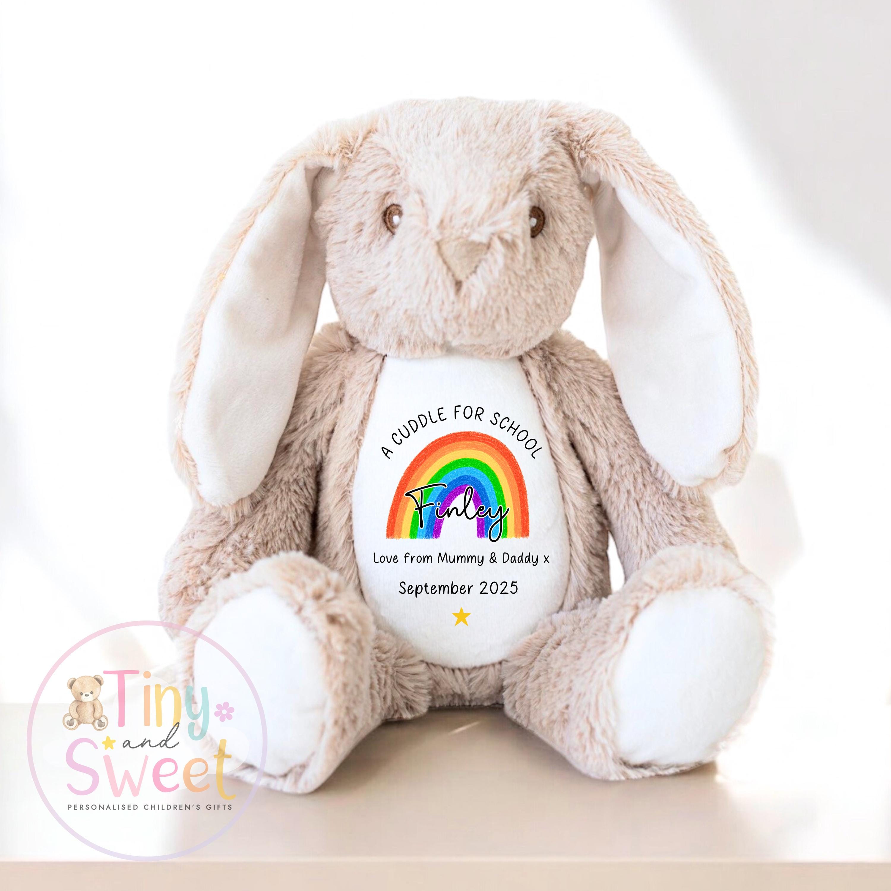 First Day of School Bunny – Custom Name Plush Toy – Cuddle Bunny Gift for Kids Starting Nursery or School - Cuddle Toy Gift with Name