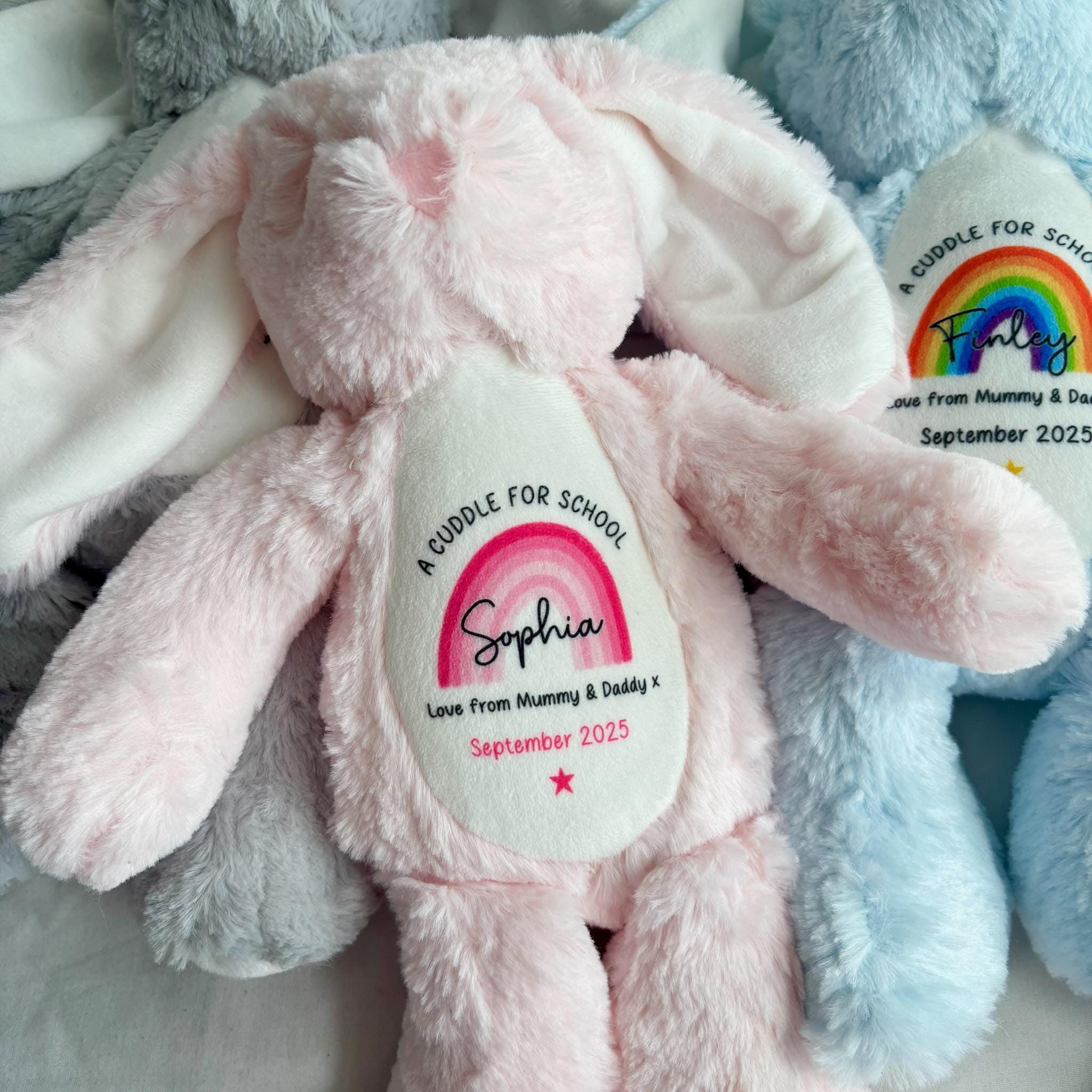 First Day of School Bunny – Custom Name Plush Toy – Cuddle Bunny Gift for Kids Starting Nursery or School - Cuddle Toy Gift with Name