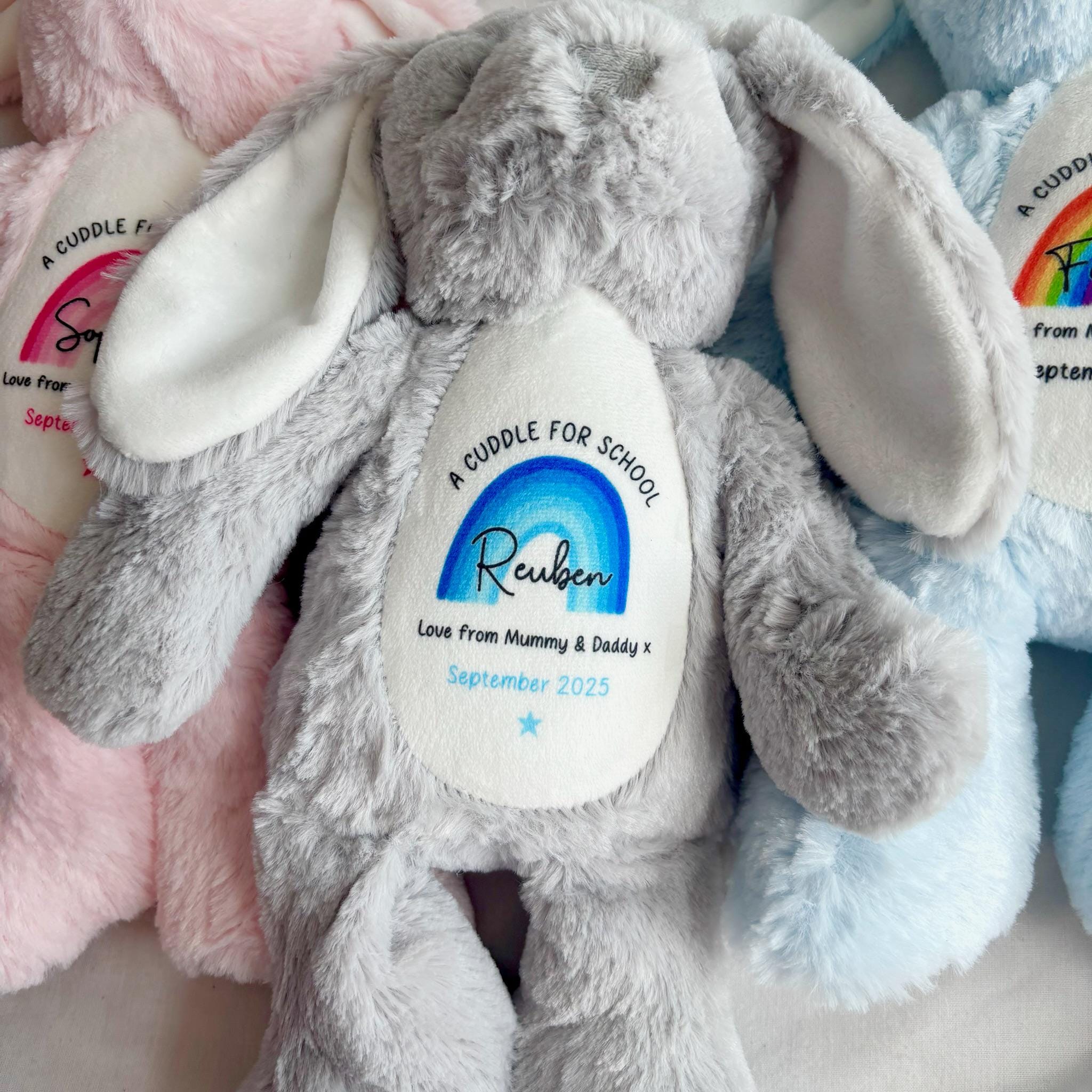 First Day of School Bunny – Custom Name Plush Toy – Cuddle Bunny Gift for Kids Starting Nursery or School - Cuddle Toy Gift with Name