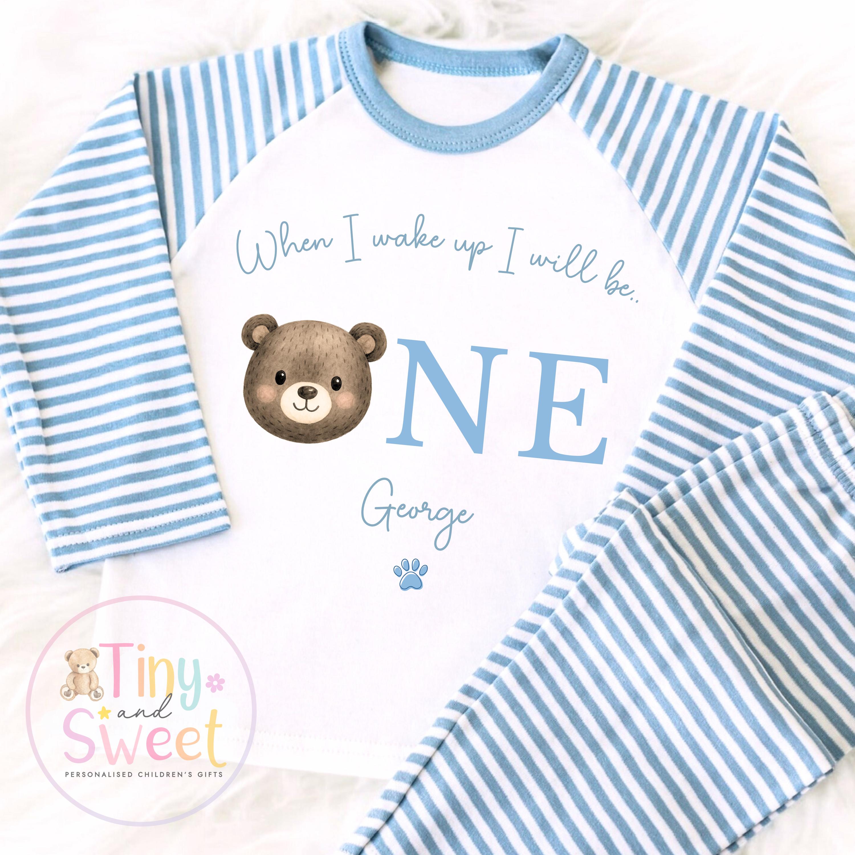 Personalised Toddler Baby Pyjamas, 1st Birthday Bear Pyjamas, When i wake up i&