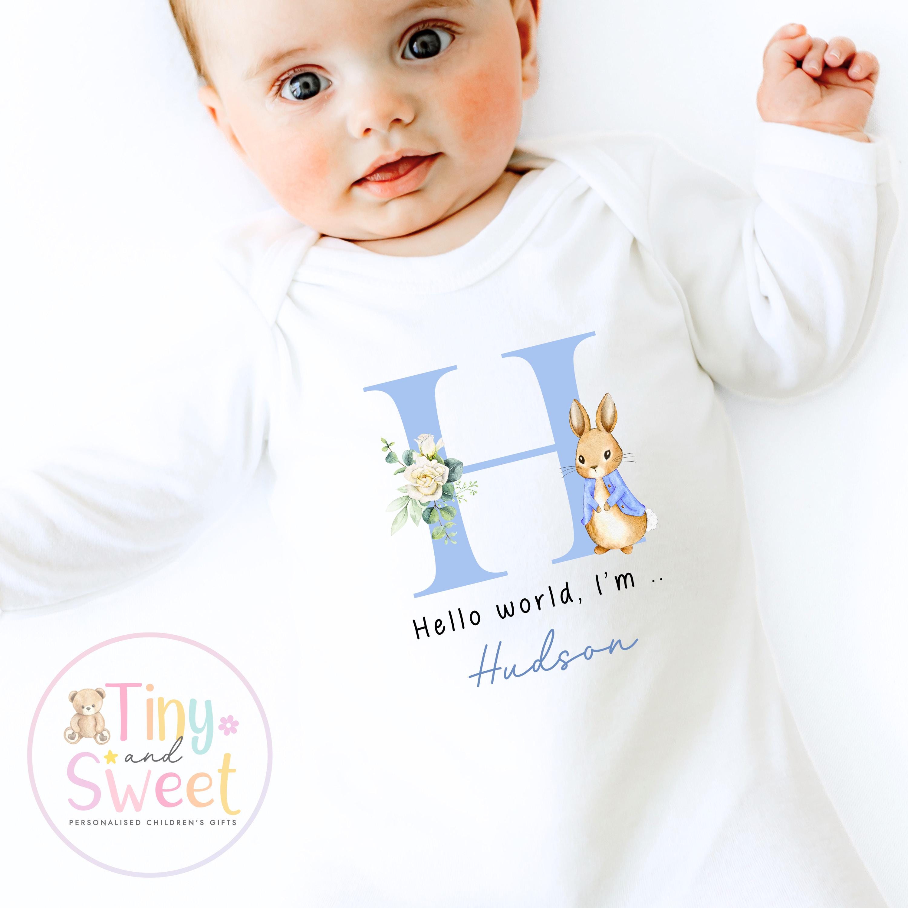 Personalised Hello World Baby Sleepsuit, Newborn Coming Home Outfit, Baby Name Reveal Sleepsuit, Baby Name & Birth Announcement