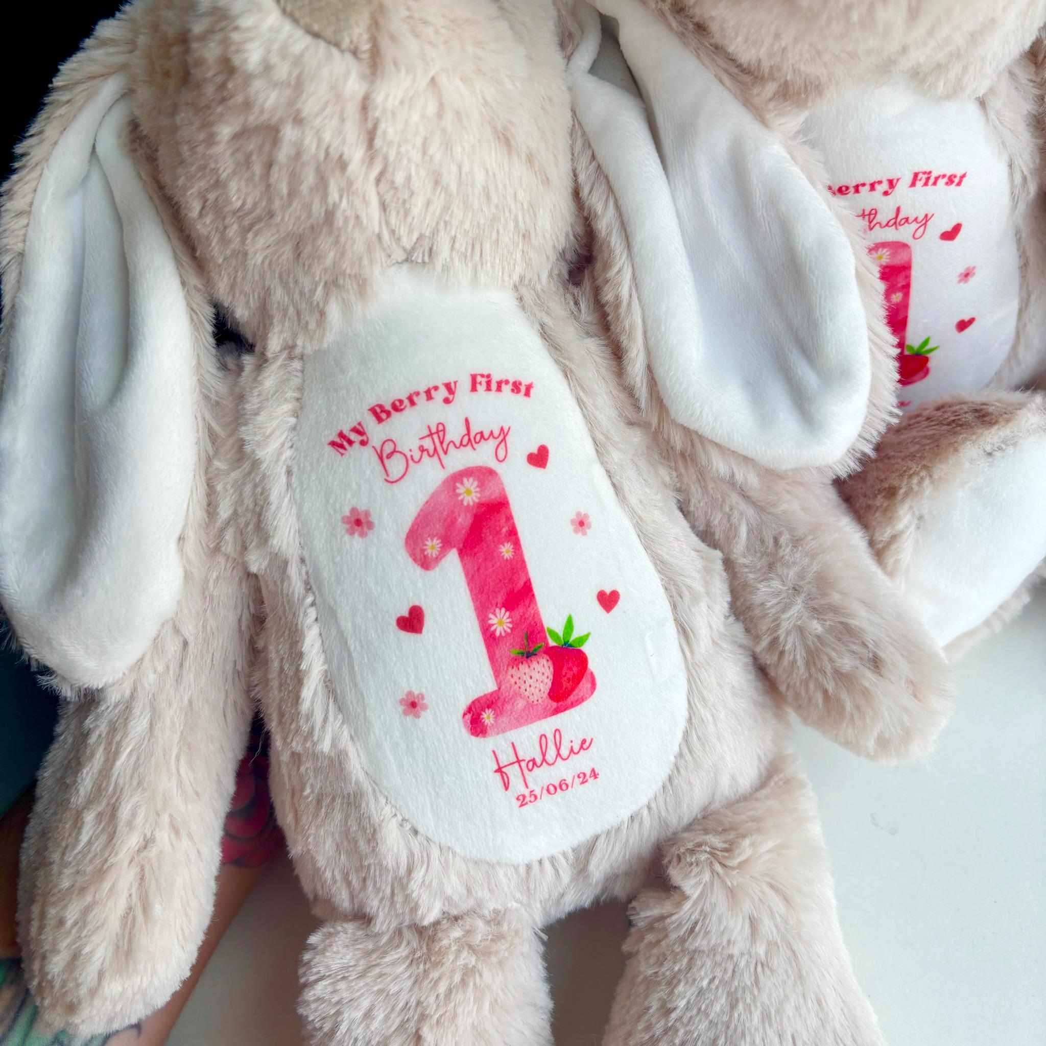 Personalised Berry First Birthday Bunny, Strawberry First Birthday Bunny, Personalised Soft Toy, Berry 1st, First Birthday Gift for Baby