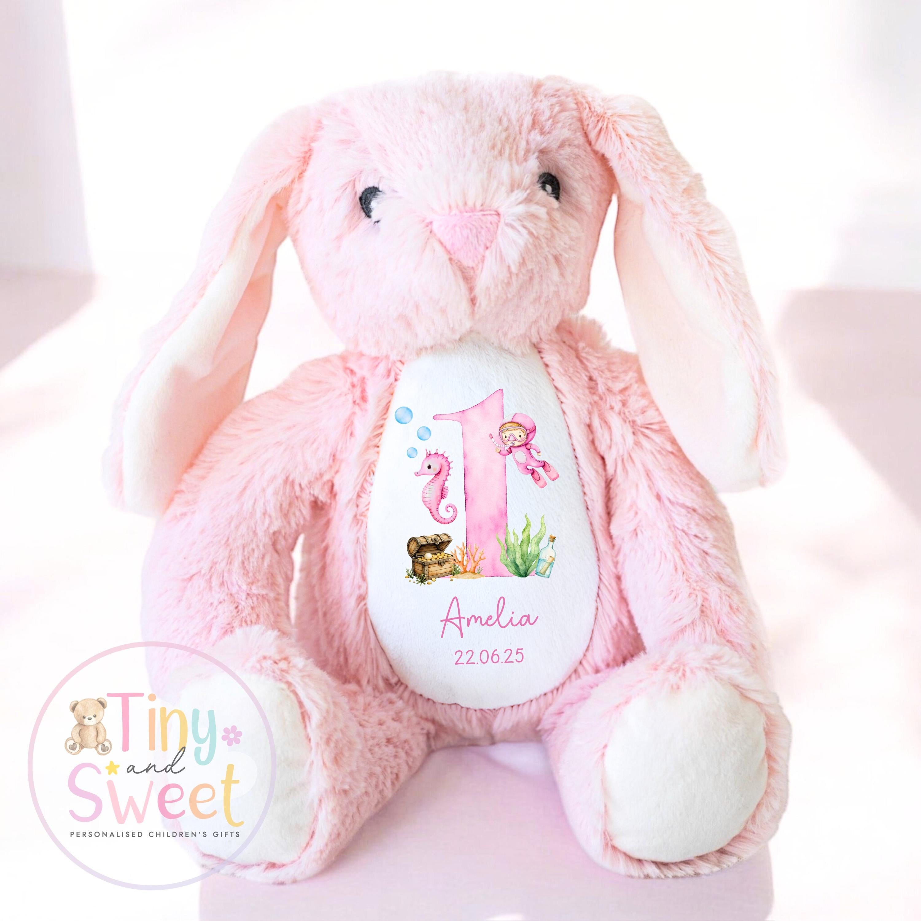 Personalised Birthday Bunny, 1st Birthday Gift Under The sea, Boy Teddy, 2nd Baby Girl Birthday Present, Personalised 3rd Birthday Soft Toy