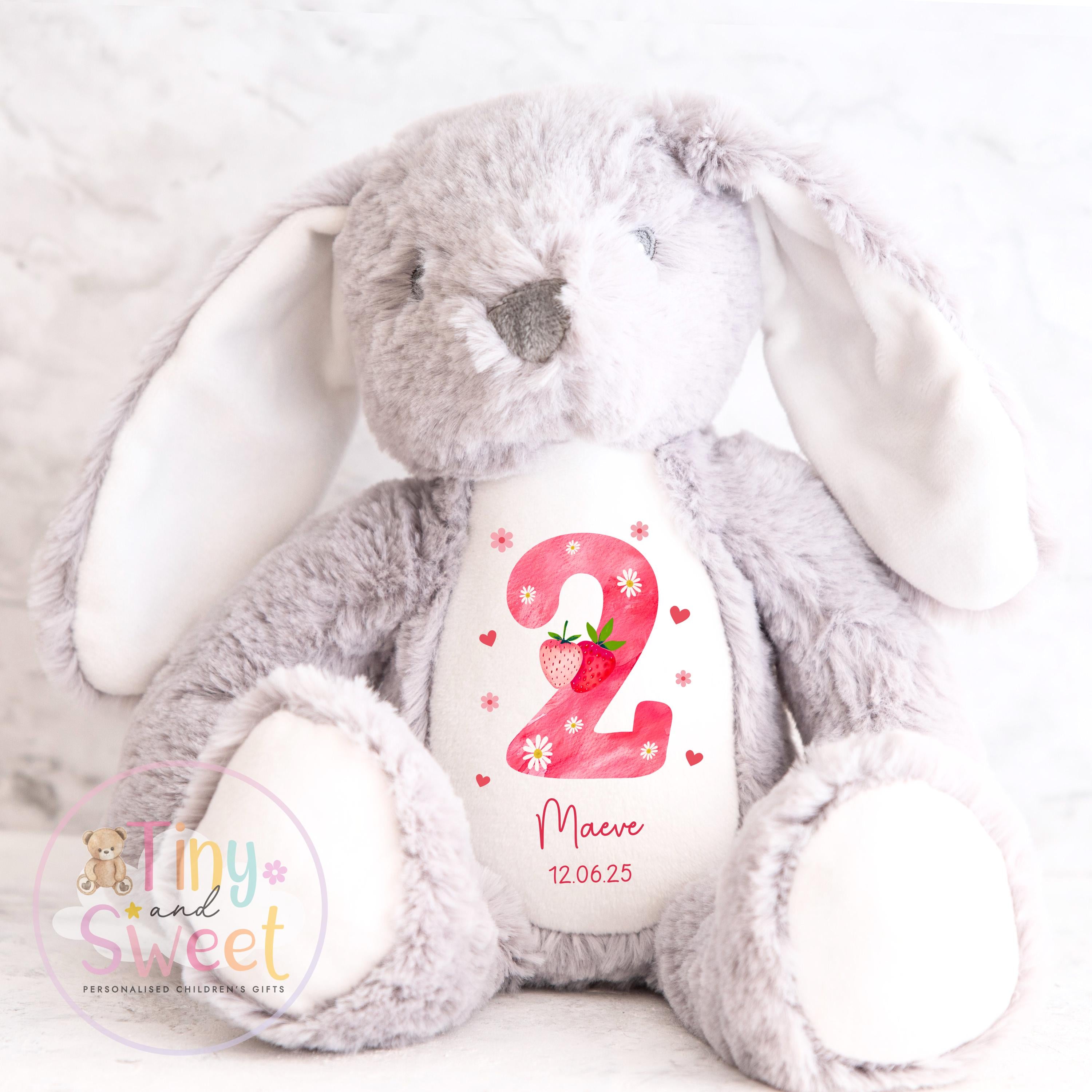 Personalised Birthday Bunny, 1st Birthday Gift Strawberry, Berry Teddy, 2nd Baby Girl Birthday Present, Personalised 3rd Birthday Soft Toy