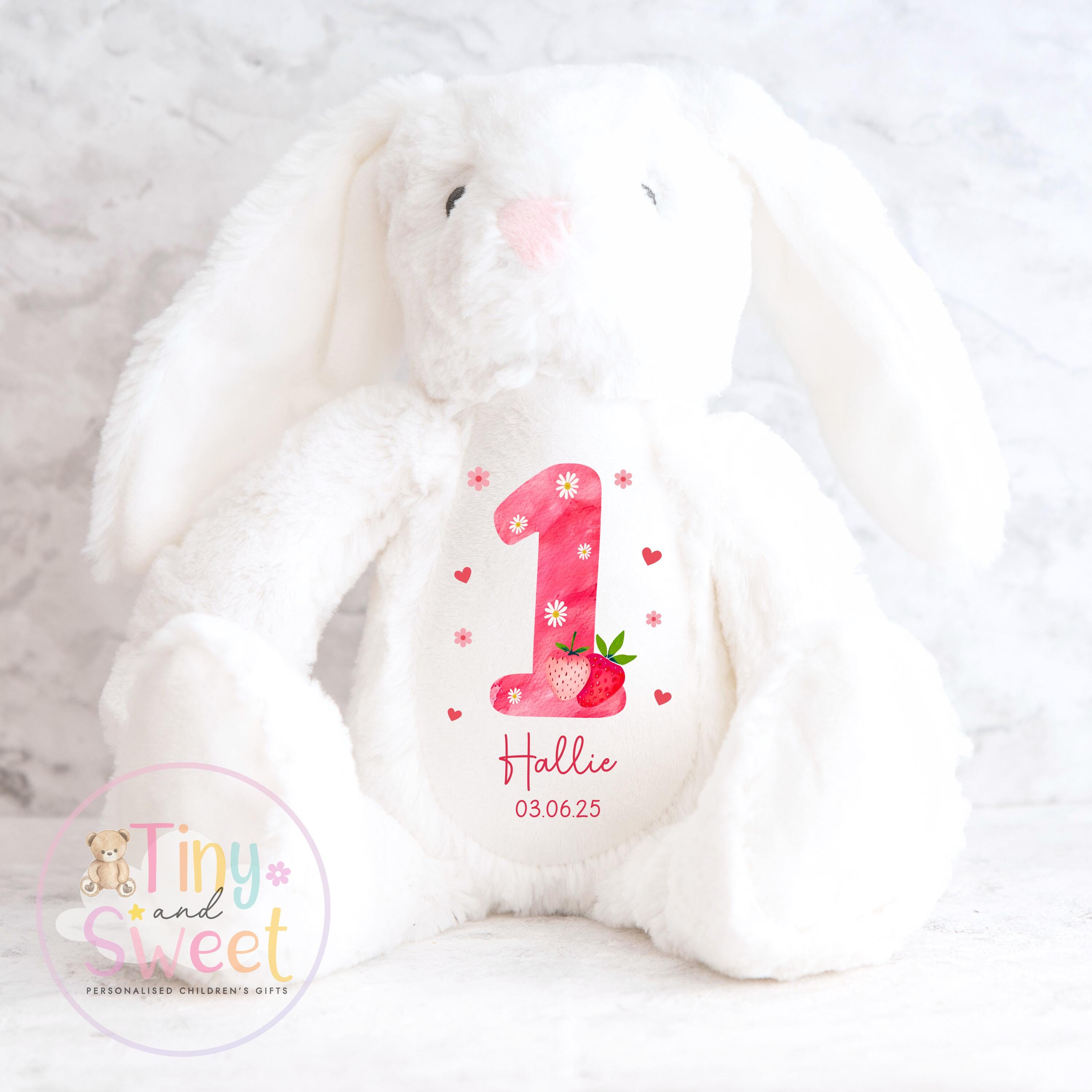 Personalised Birthday Bunny, 1st Birthday Gift Strawberry, Berry Teddy, 2nd Baby Girl Birthday Present, Personalised 3rd Birthday Soft Toy