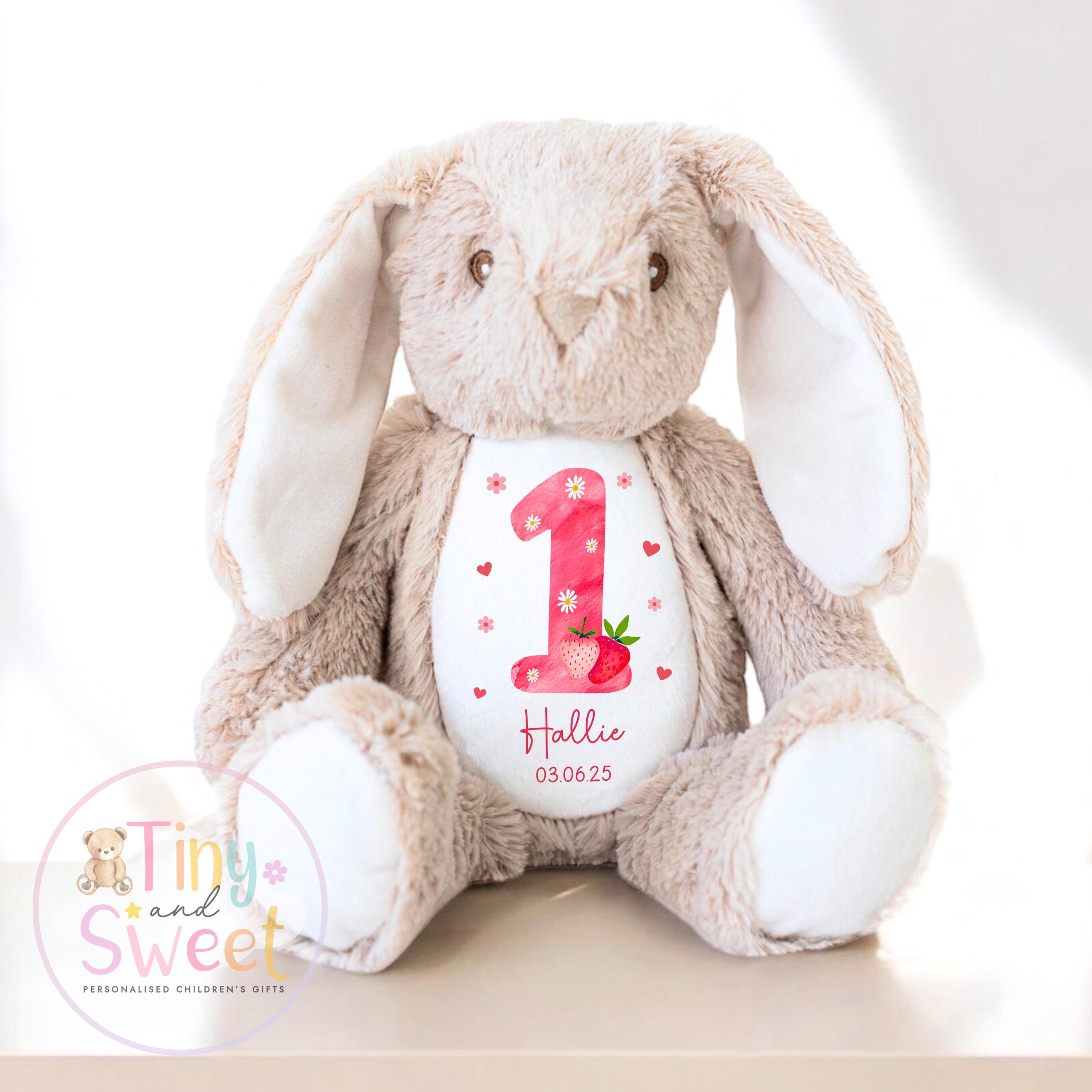 Personalised Birthday Bunny, 1st Birthday Gift Strawberry, Berry Teddy, 2nd Baby Girl Birthday Present, Personalised 3rd Birthday Soft Toy