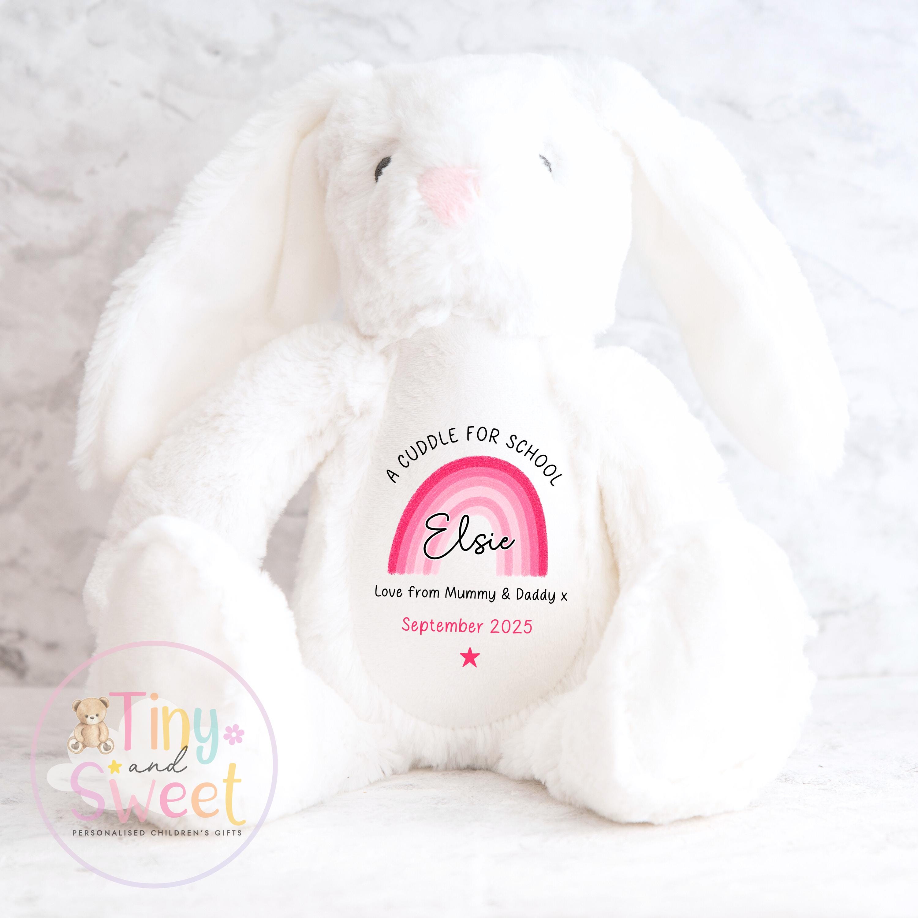 First Day of School Bunny – Custom Name Plush Toy – Cuddle Bunny Gift for Kids Starting Nursery or School - Cuddle Toy Gift with Name