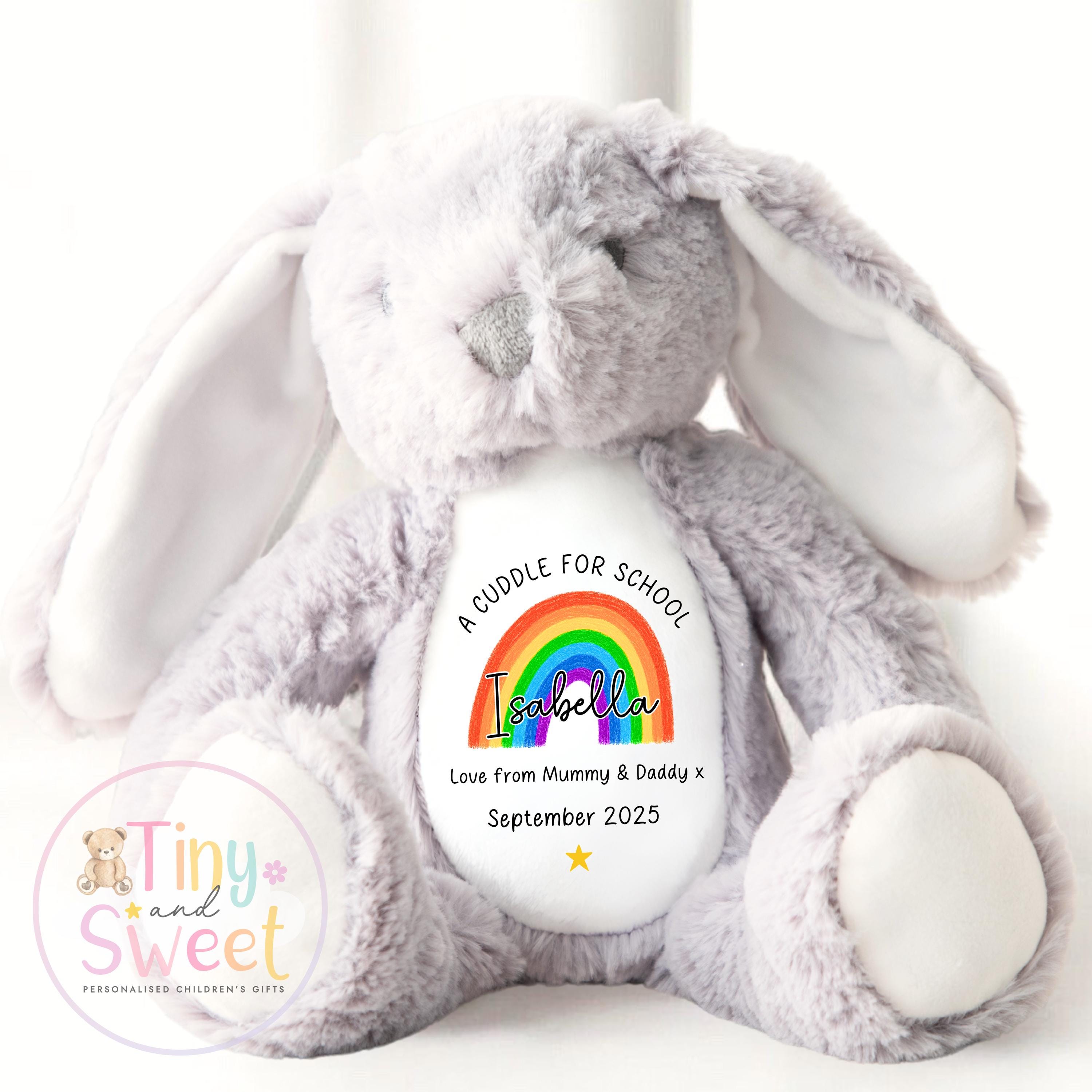 First Day of School Bunny – Custom Name Plush Toy – Cuddle Bunny Gift for Kids Starting Nursery or School - Cuddle Toy Gift with Name