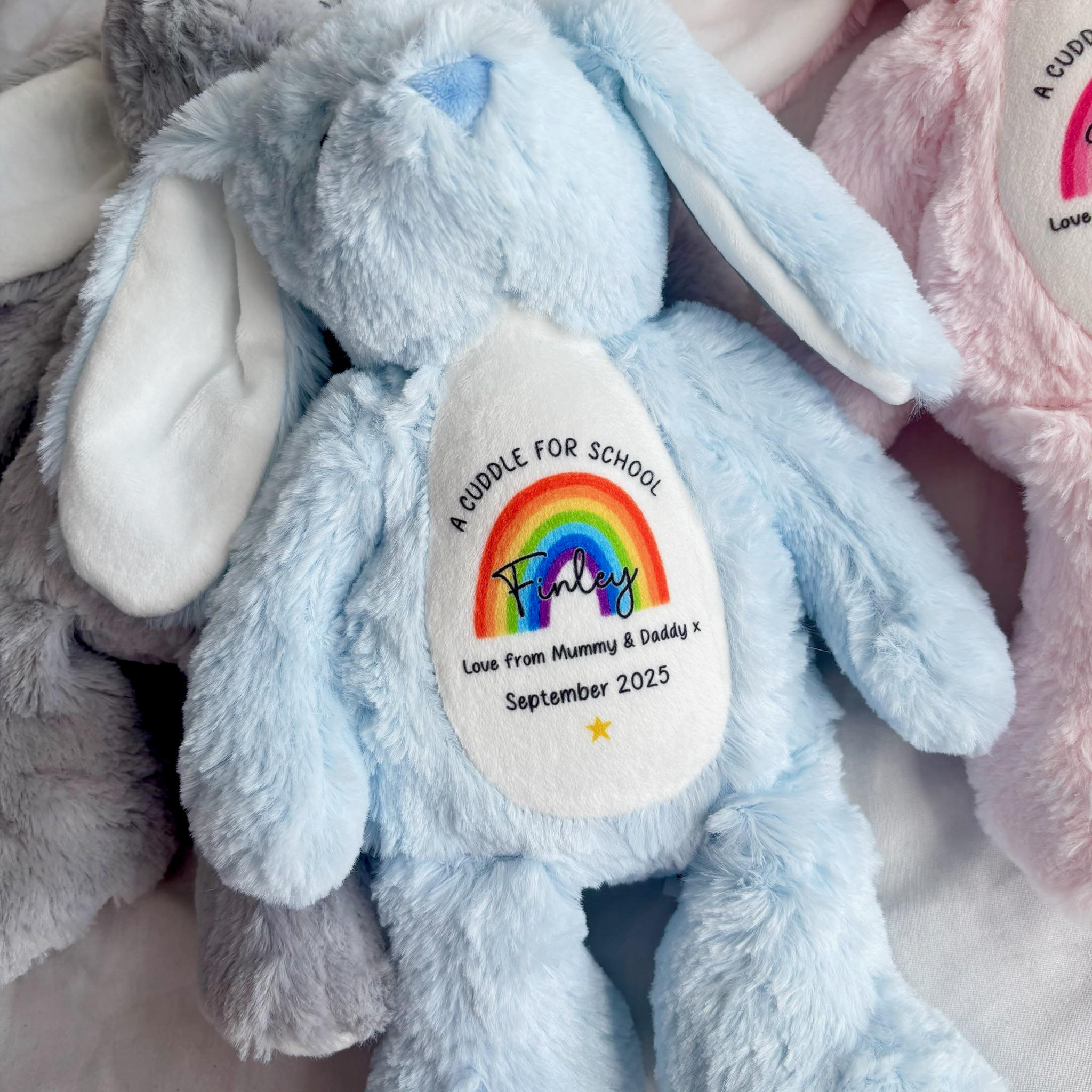 First Day of School Bunny – Custom Name Plush Toy – Cuddle Bunny Gift for Kids Starting Nursery or School - Cuddle Toy Gift with Name