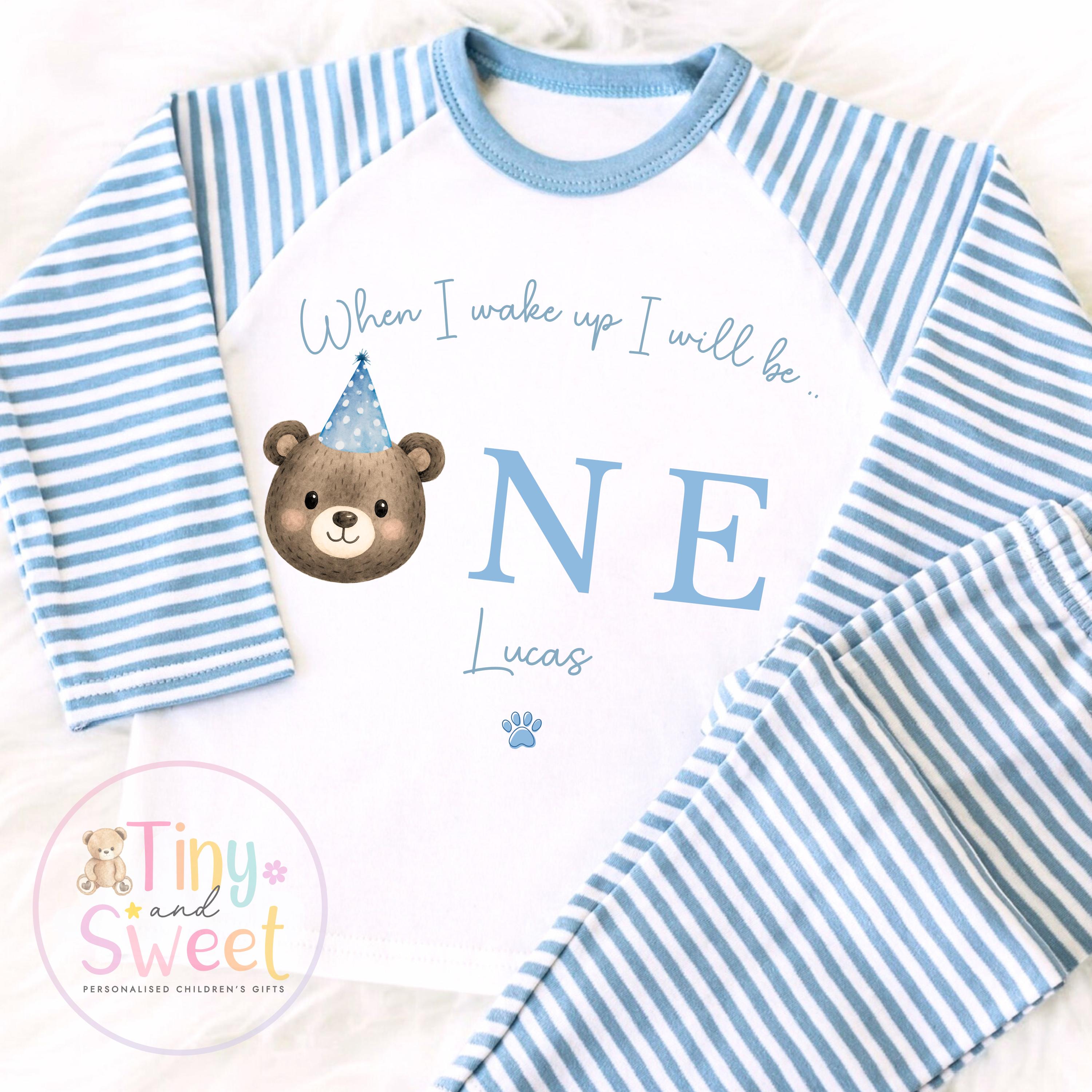 Personalised Toddler Baby Pyjamas, 1st Birthday Bear Pyjamas, When i wake up i&