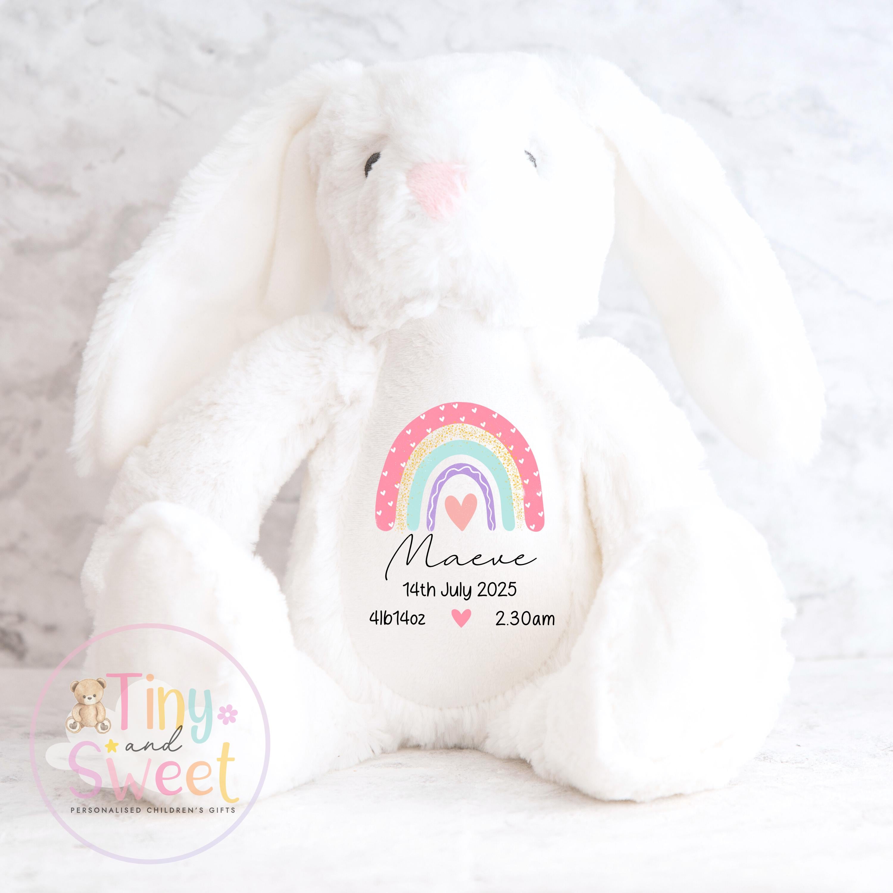 Personalised Birth Stat Bunny, Rainbow New Baby Gift, Newborn Baby Gift, Personalised Rainbow Bunny with Birth Details