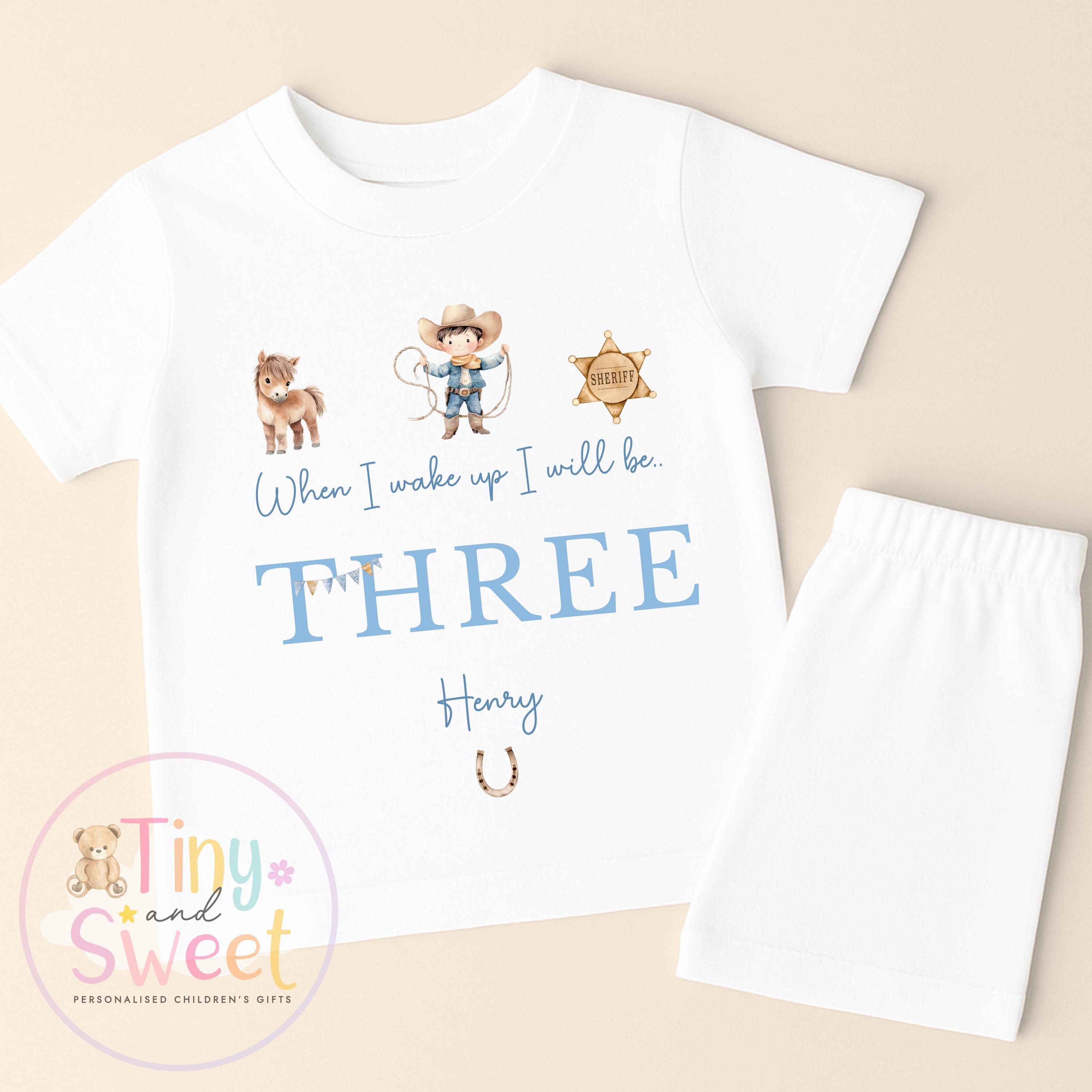 Cowboy Birthday Pyjamas, When I Wake Up I’ll Be, Rodeo Western PJs – When I Wake Up I’ll Be 1, 2, 3, Personalised Cowboy Woody Birthday Pjs