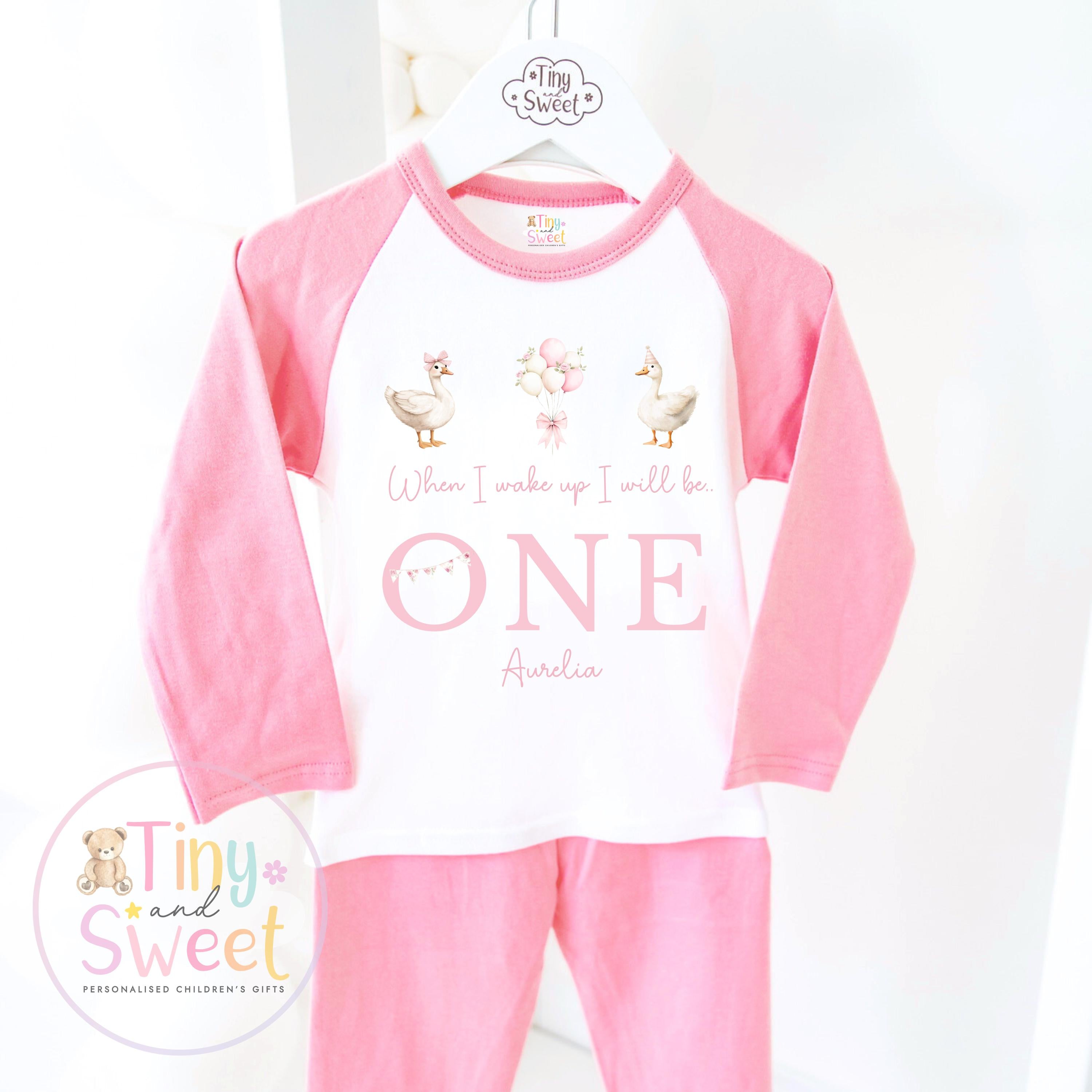 Goose Birthday Pyjamas, When I Wake Up I’ll Be, Pink Goose PJs – When I Wake Up I’ll Be 1, 2, 3, Personalised Pink Goose Birthday Pyjamas