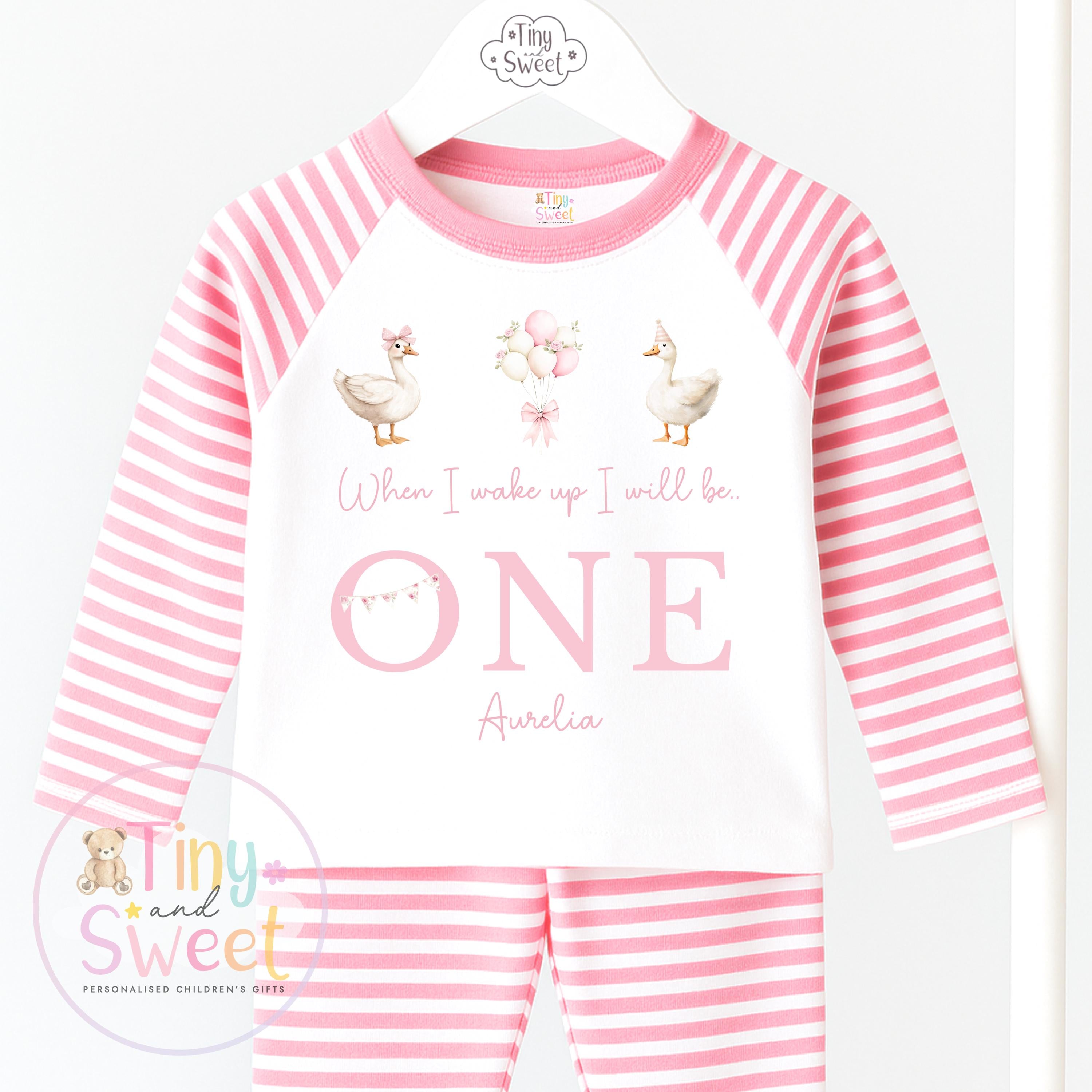 Goose Birthday Pyjamas, When I Wake Up I’ll Be, Pink Goose PJs – When I Wake Up I’ll Be 1, 2, 3, Personalised Pink Goose Birthday Pyjamas