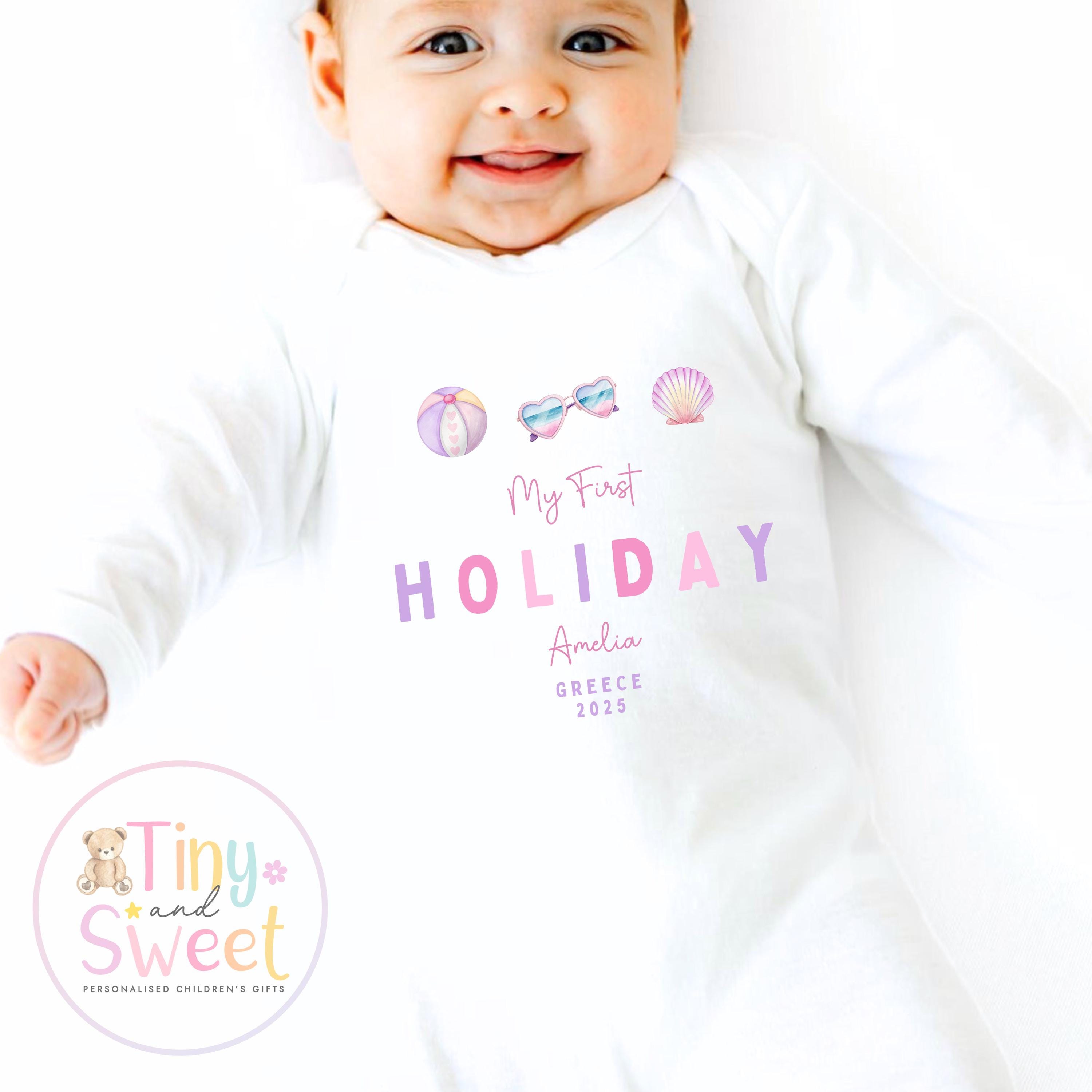 My First Holiday T-Shirt, Personalised Baby Travel Outfit, Baby’s First Holiday Shirt, Cute Summer Travel Outfit, My First Holiday Design