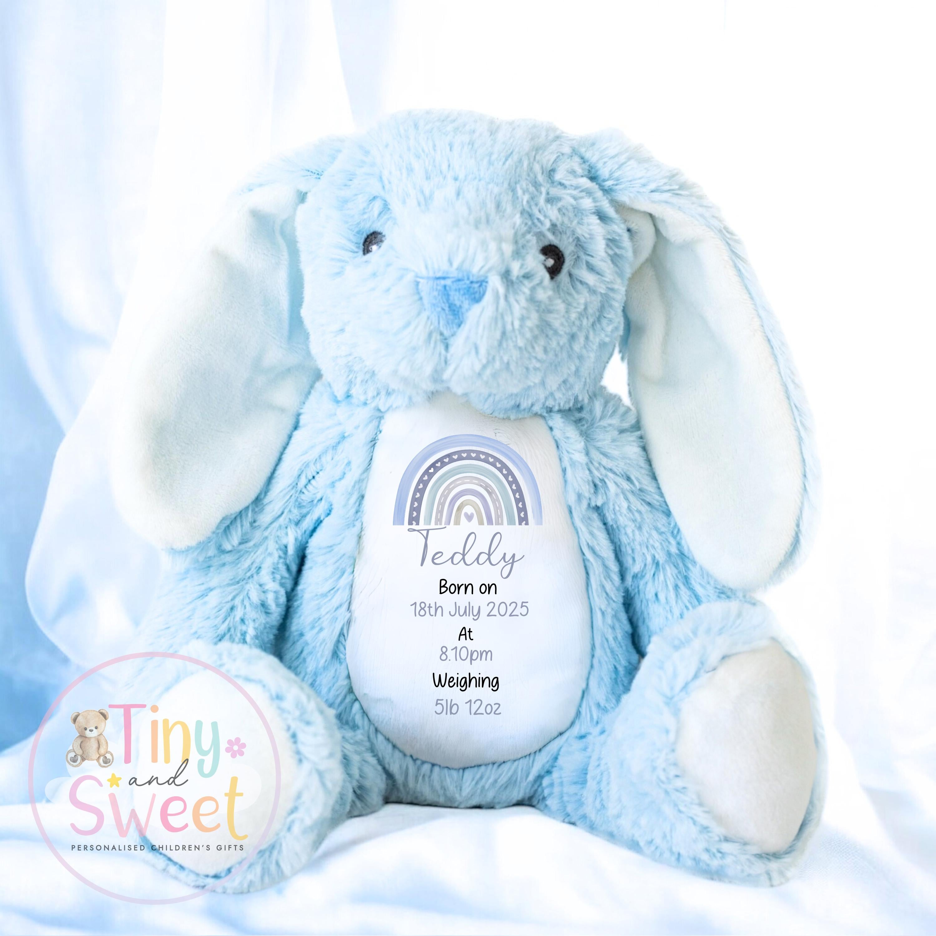 Personalised Birth Stat Bunny, Rainbow New Baby Gift, Newborn Baby Gift, Personalised Rainbow Bunny with Birth Details