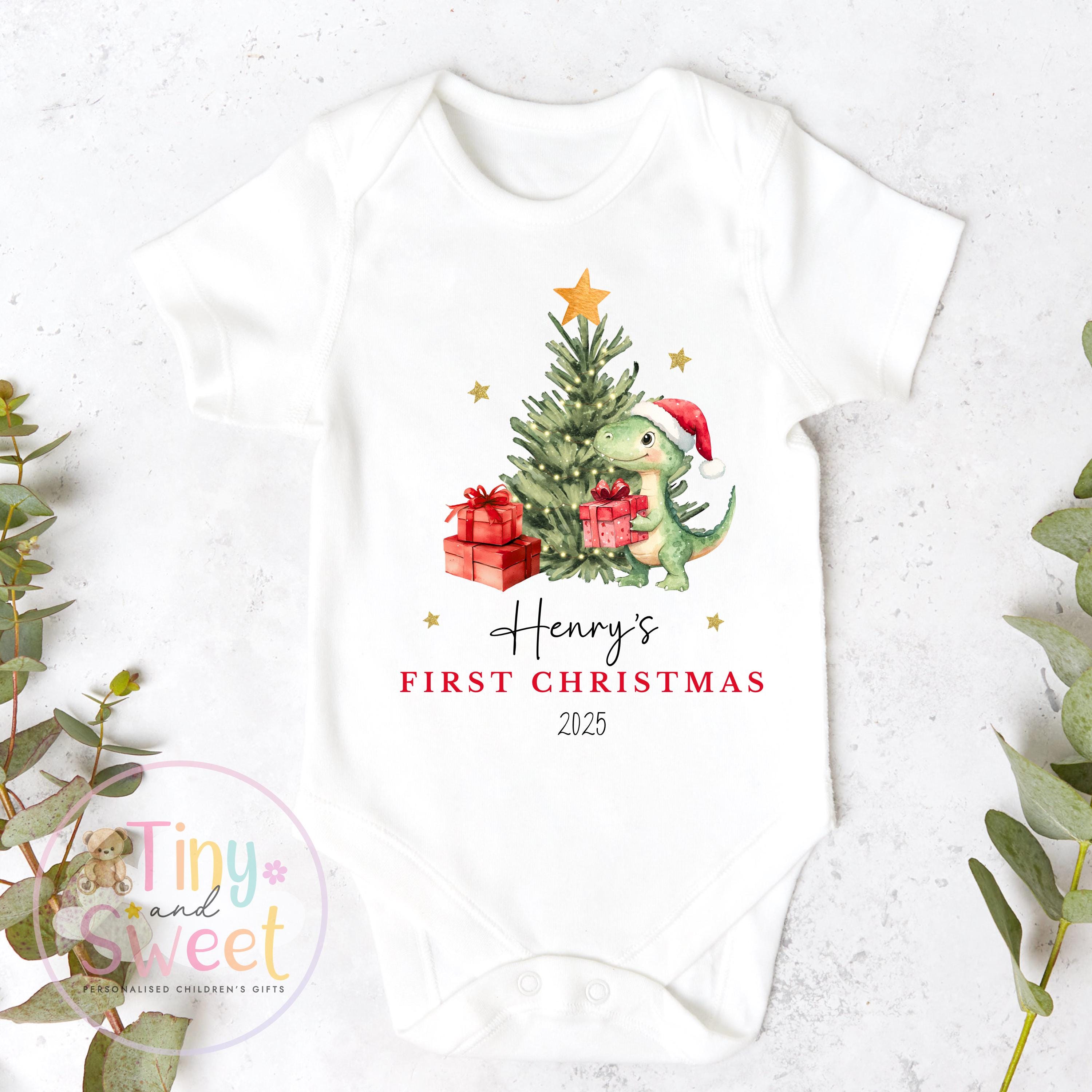 Personalised Babies First Christmas Dinosaur Sleepsuit, Babies 1st Xmas Gift Idea, Pyjamas, 1st Xmas Babygrow, Christmas Outfit for baby