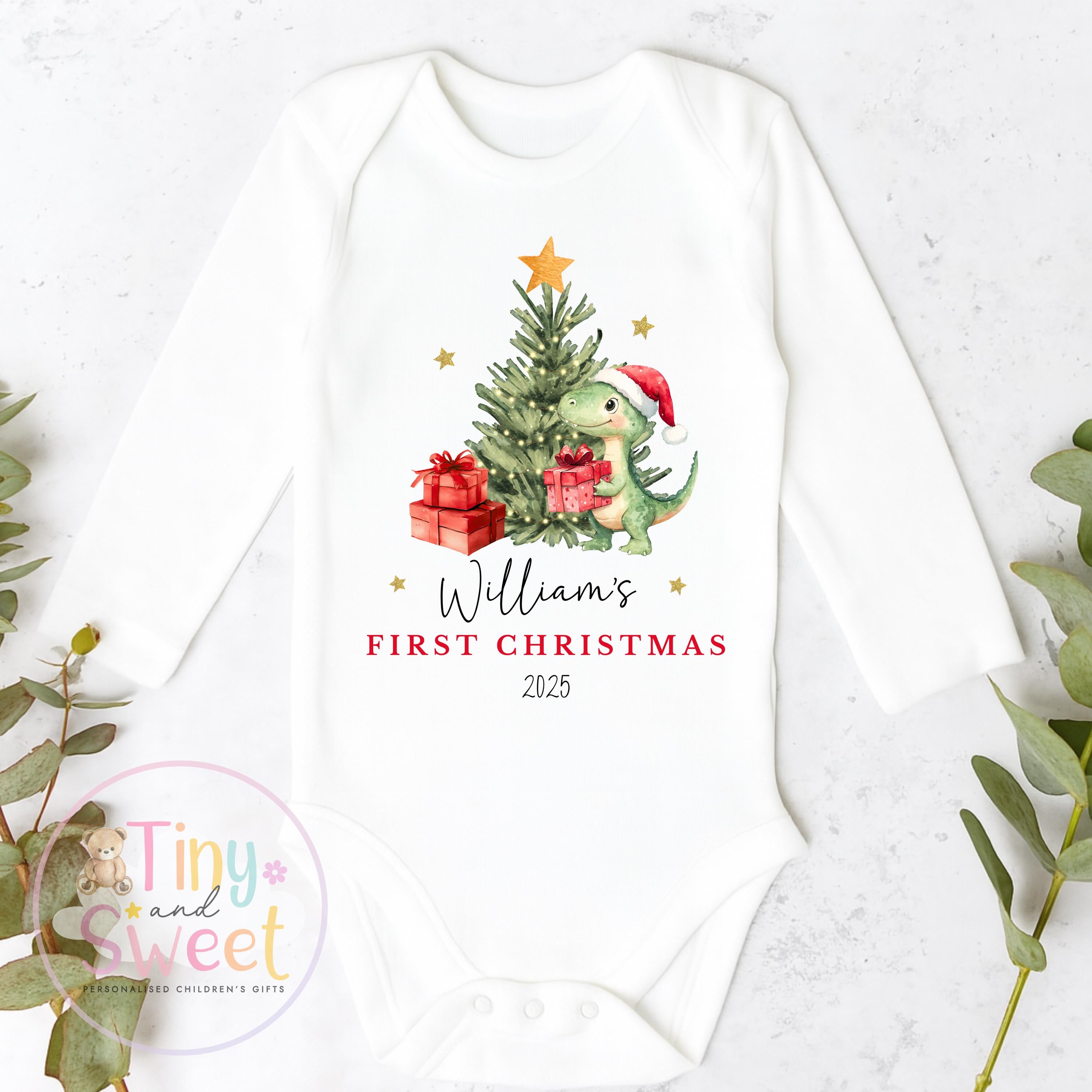 Personalised Babies First Christmas Dinosaur Sleepsuit, Babies 1st Xmas Gift Idea, Pyjamas, 1st Xmas Babygrow, Christmas Outfit for baby