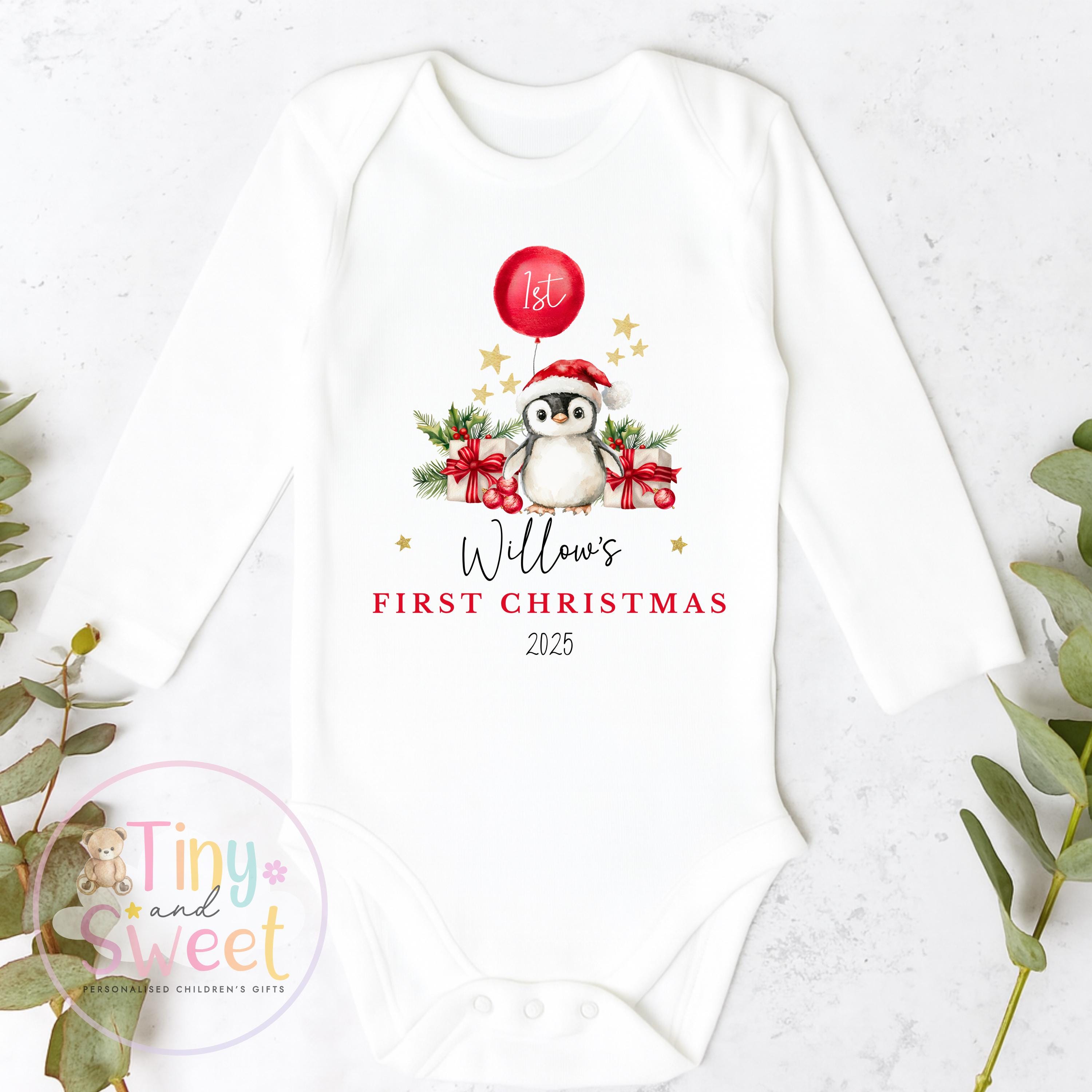 Personalised Babies First Christmas Penguin Sleepsuit, Babies 1st Xmas Gift Idea, Pyjamas, 1st Xmas Babygrow, Christmas Outfit for baby