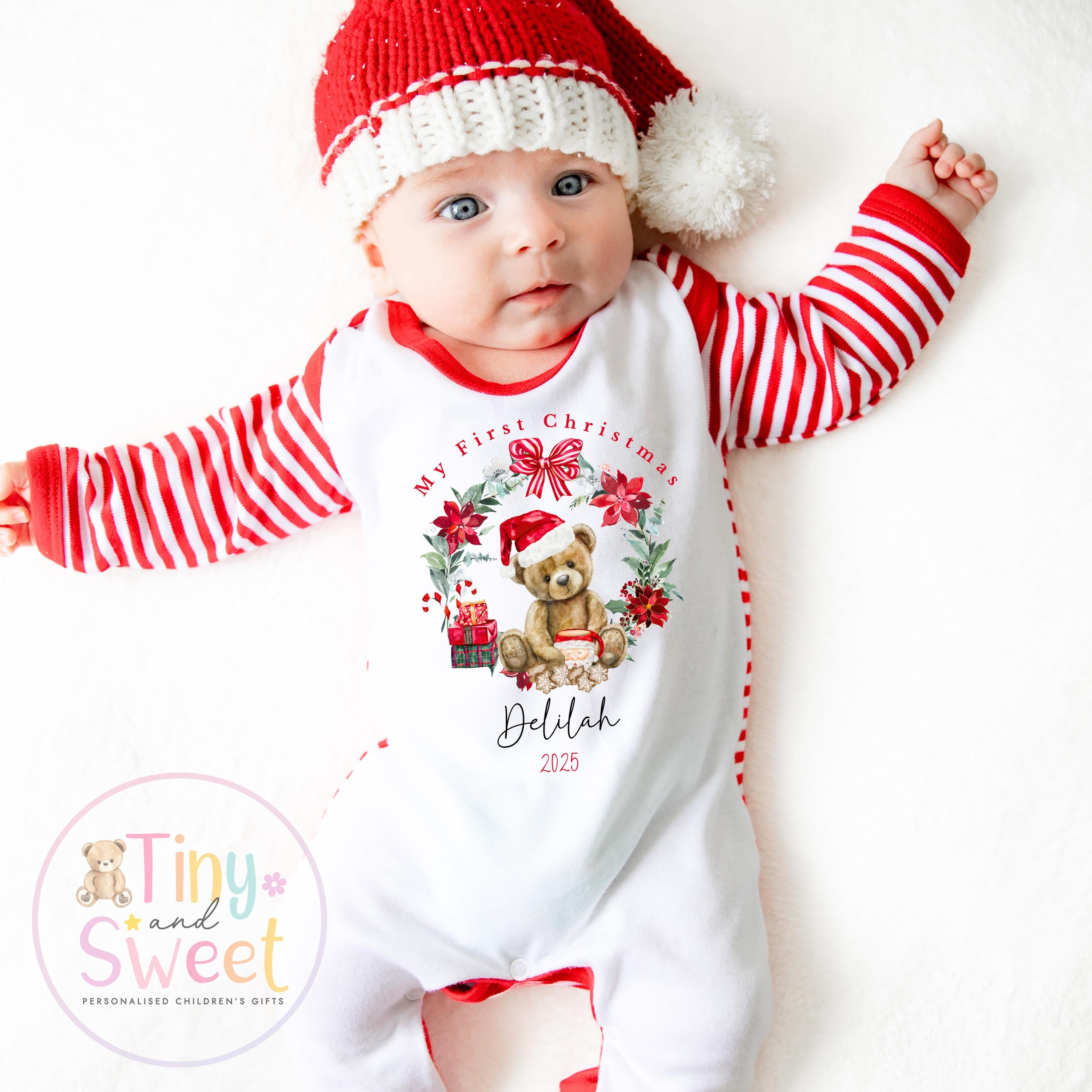 Personalised Babies First Christmas Teddy Bear Sleepsuit, Babies 1st Xmas Gift Idea, Pyjamas, 1st Xmas Babygrow, Christmas Outfit for baby