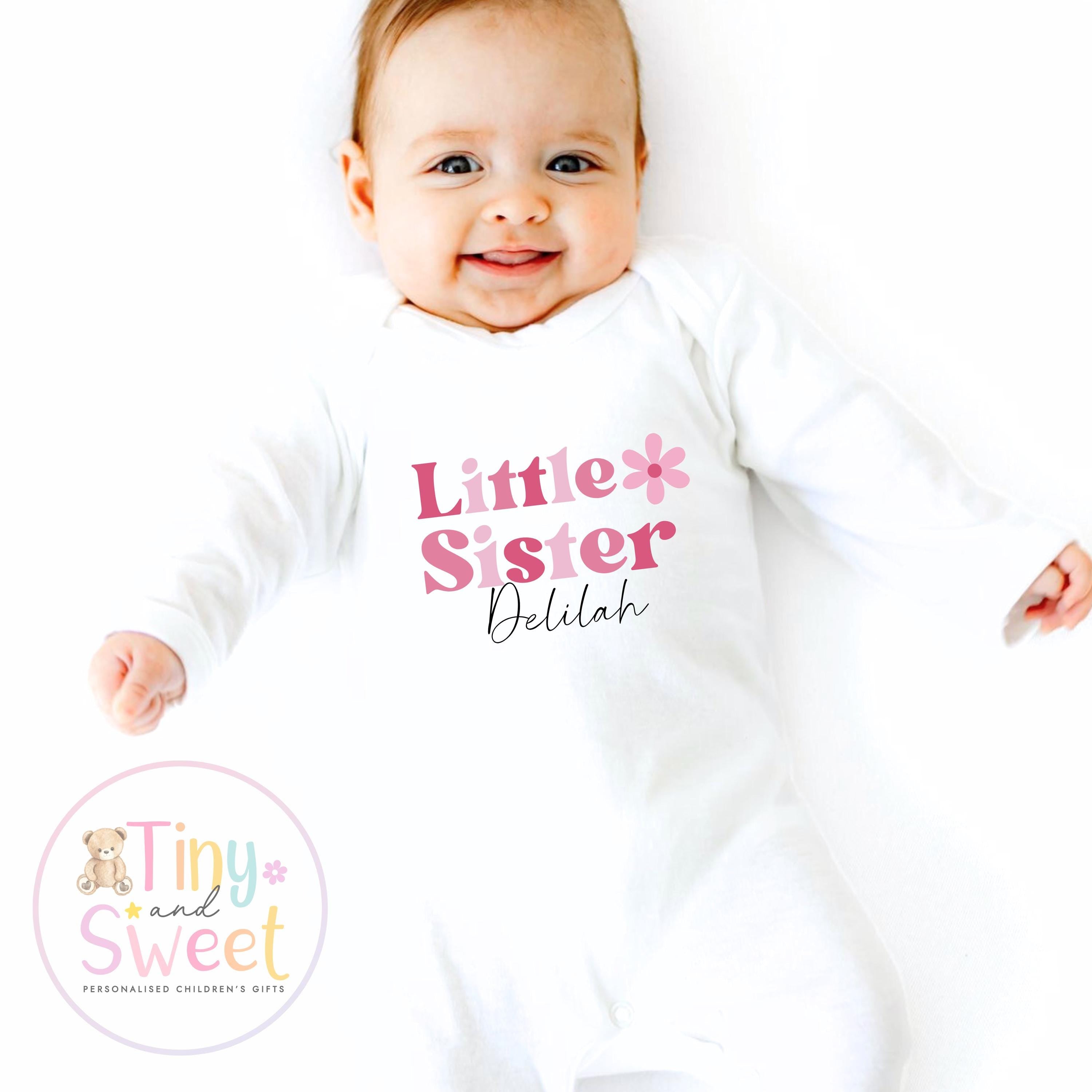 Personalised Adorable Little/Big Sister Sleepsuit T Shirt: Pink Flower Design for Newborn Baby Announcement & Sibling Gift