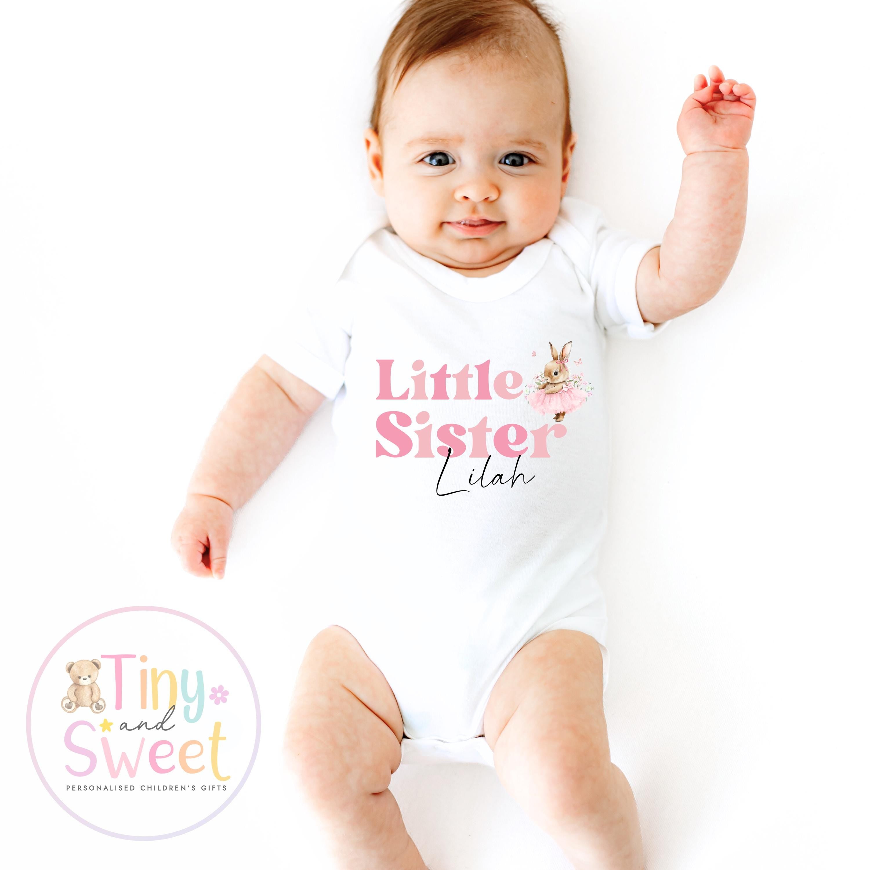 Personalised Adorable Little/Big Sister Sleepsuit T Shirt: Pink Bunny Design for Newborn Baby Announcement & Sibling Gift