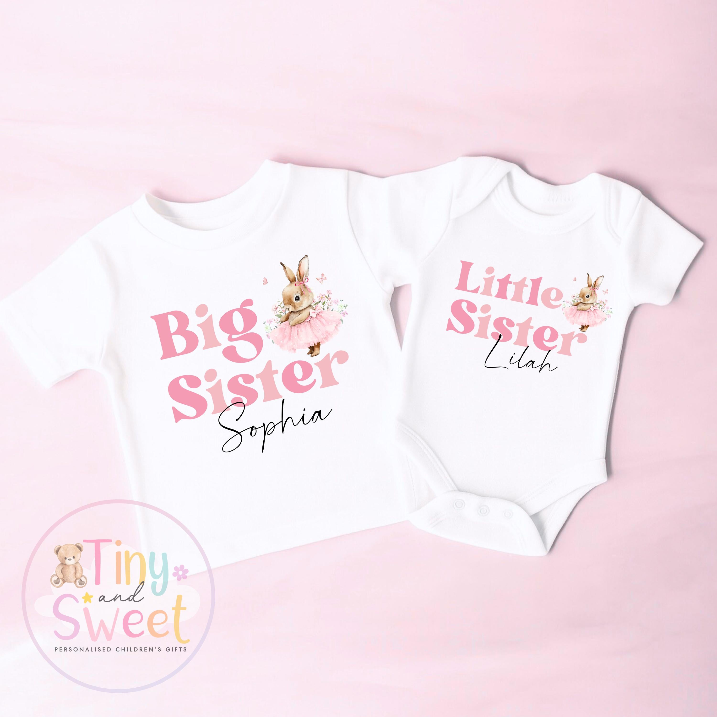 Personalised Adorable Little/Big Sister Sleepsuit T Shirt: Pink Bunny Design for Newborn Baby Announcement & Sibling Gift