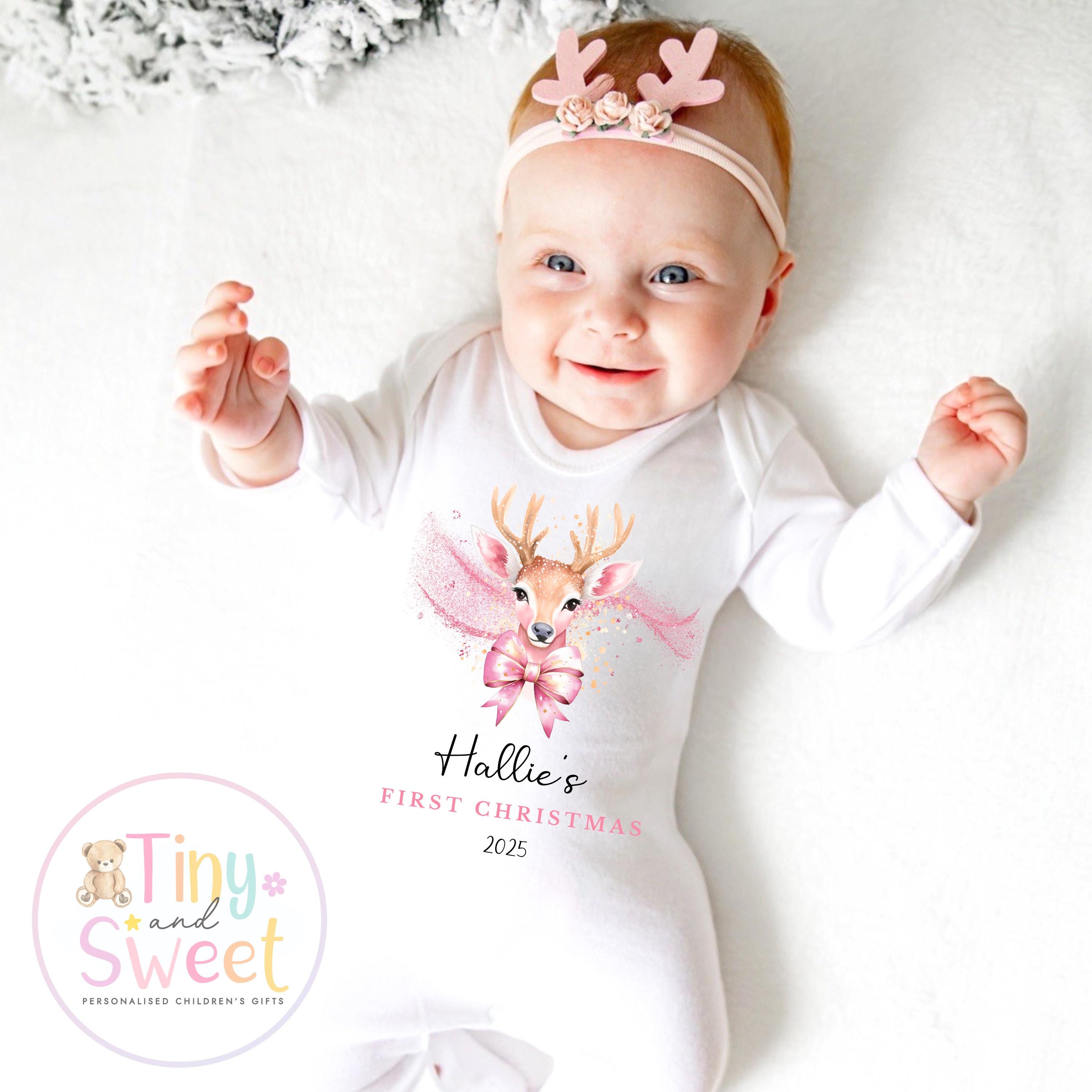 Personalised Babies First Christmas Sleepsuit, Babies 1st Xmas Gift Idea, Pyjamas, 1st XmasBabygrow, Christmas Outfit for baby,Pink Reindeer
