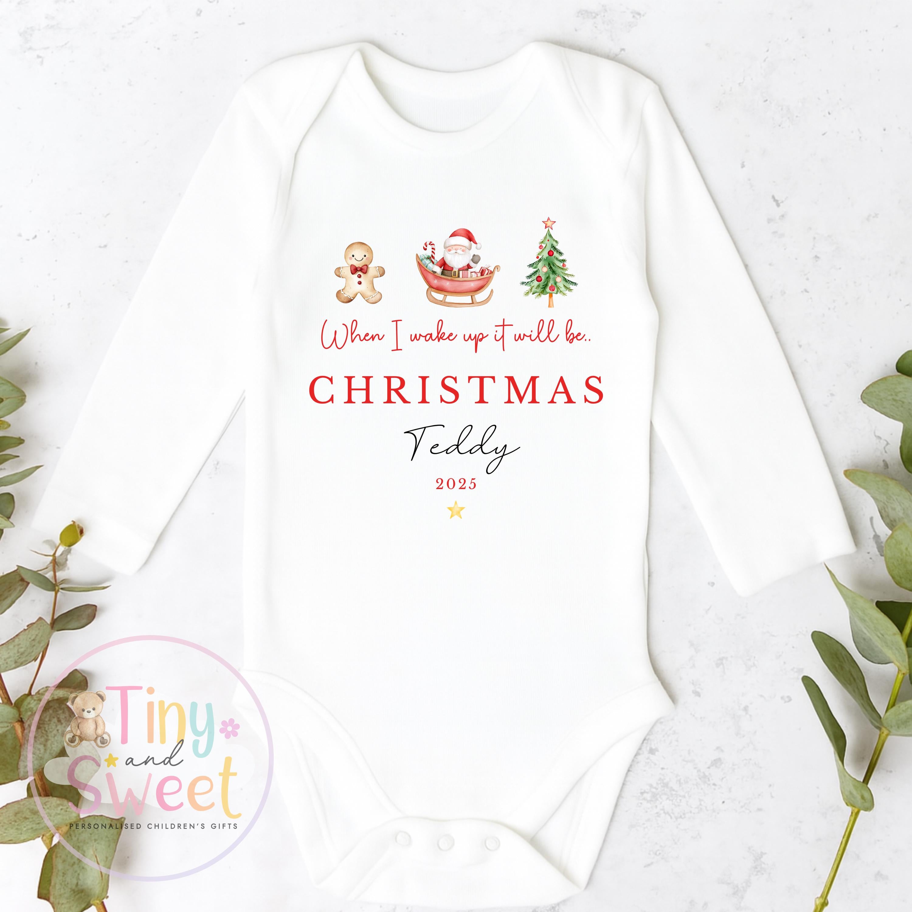 When I wake up it will be Christmas Sleepsuit, Christmas Eve Pyjamas, Christmas Nightwear, Childrens Christmas Vest, First Christmas