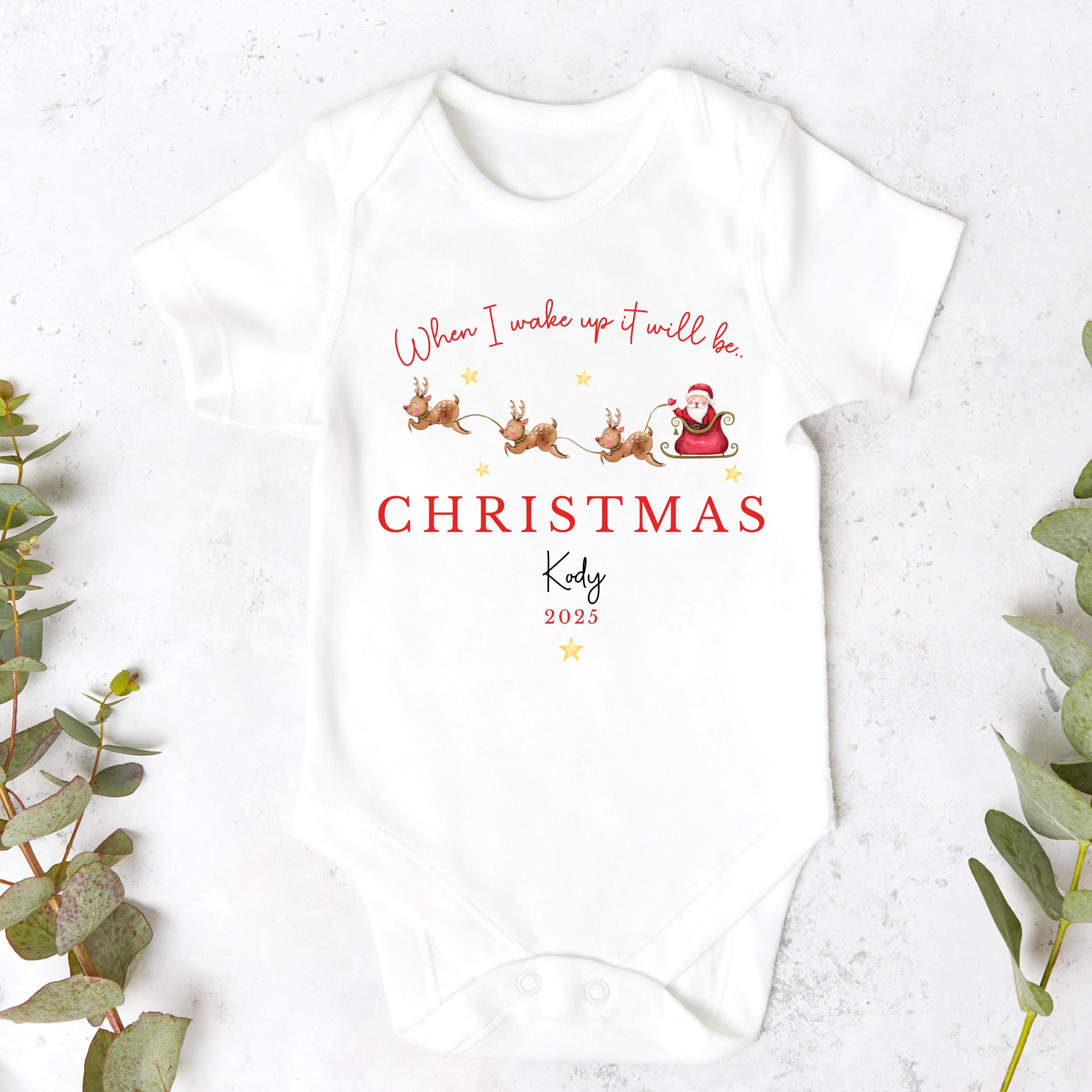 When I wake up it will be Christmas Sleepsuit, Christmas Eve Pyjamas, Christmas Nightwear, Childrens Christmas Vest, First Christmas